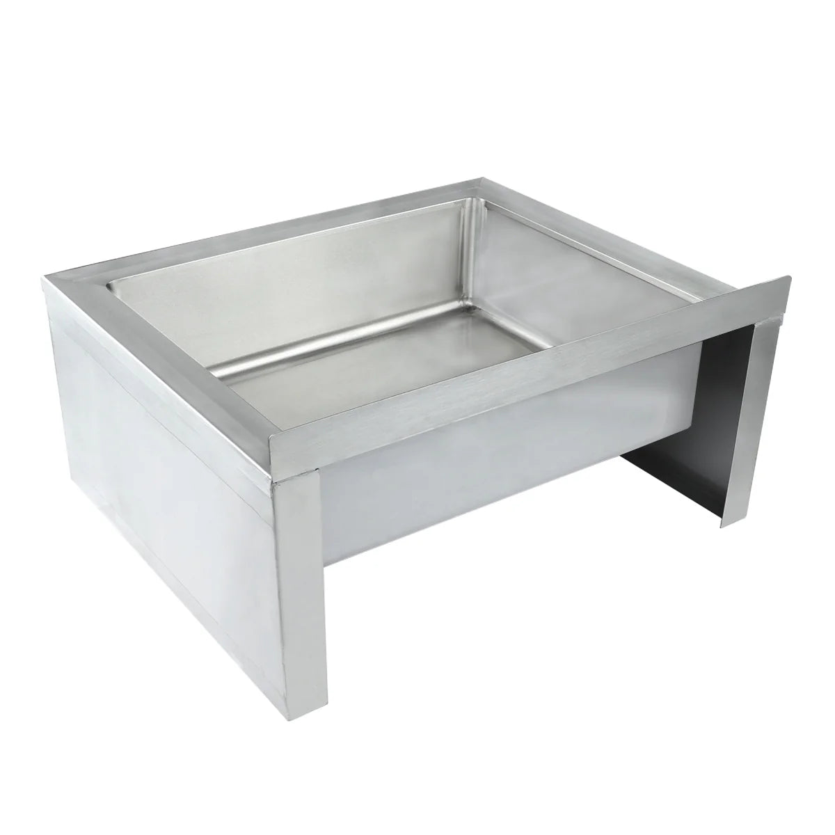 A rectangular stainless steel mop sink with high walls and an open front, elevated on metal legs. The sleek, industrial design features smooth, reflective surfaces—ideal for food service, storage, or cleaning applications.