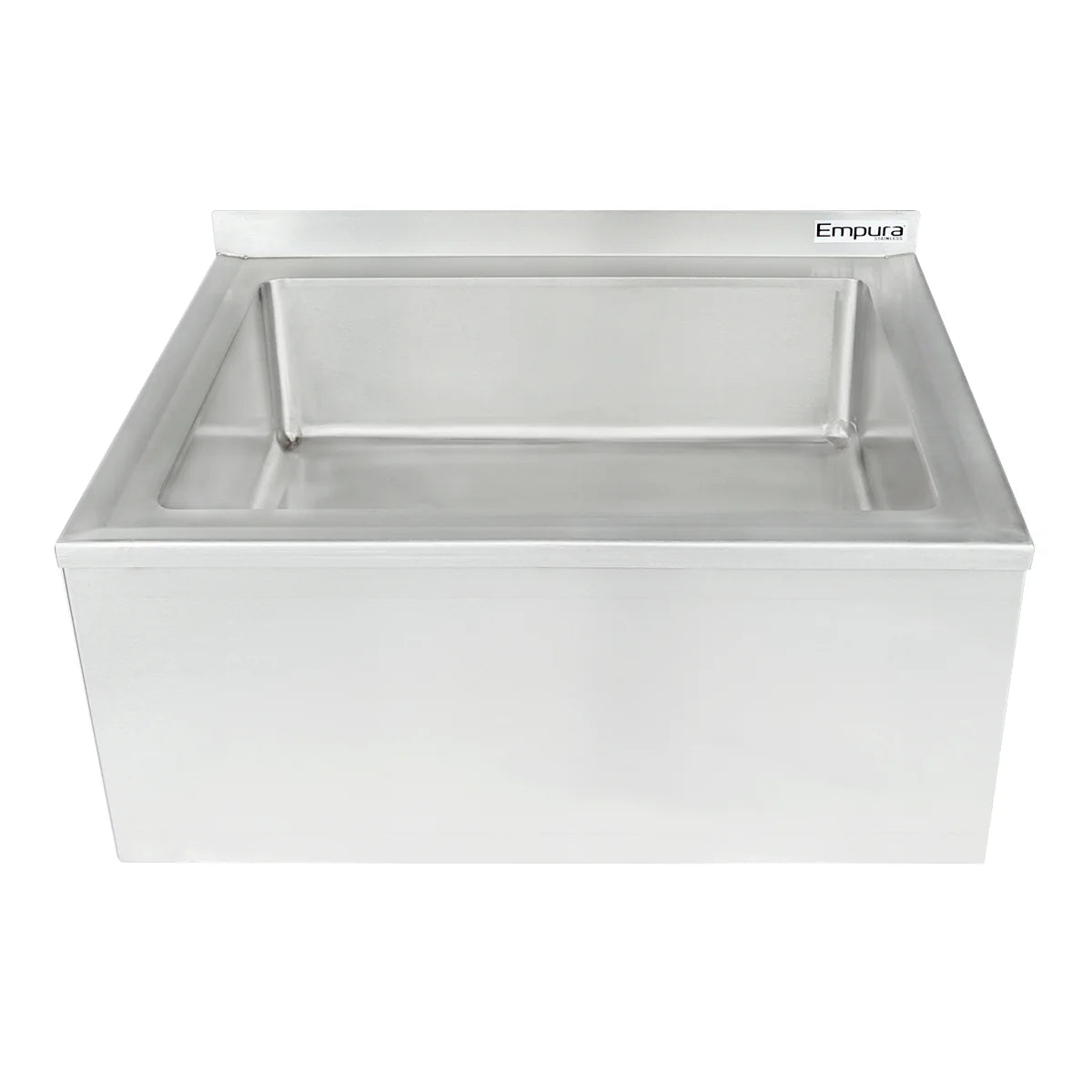 A stainless steel mop sink with a rectangular basin and a short backsplash. This deep, clean NSF mop sink features a modern, industrial design. The Empura brand name is visible on the upper right corner of the backsplash.