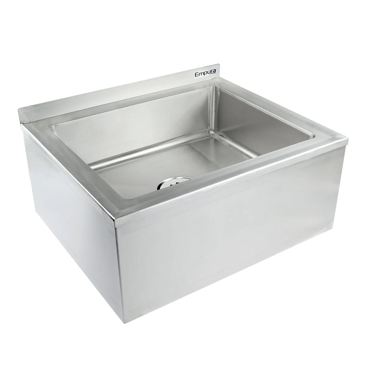 A square, deep stainless steel mop sink with a backsplash and rounded interior corners. The brand name “Empura” appears on the upper right edge. Designed as an NSF mop sink, it features a visible center drain for commercial or industrial use.
