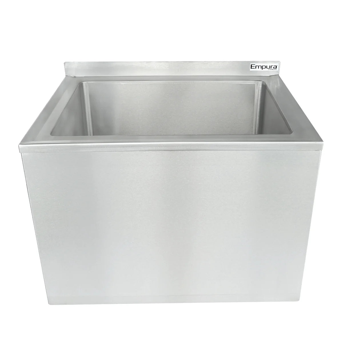 A stainless steel ice bin with a rectangular open top and smooth sides. The bin has a raised back splash, NSF certification, and features a small Empura brand label on the upper right corner. The clean surface is highly reflective.