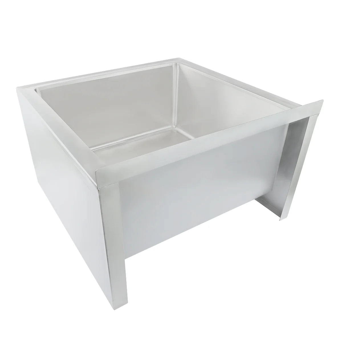A large, industrial stainless steel mop sink with straight edges and an open front panel, designed for heavy-duty cleaning tasks. The deep rectangular basin is elevated on short legs, making it ideal for commercial or industrial use.