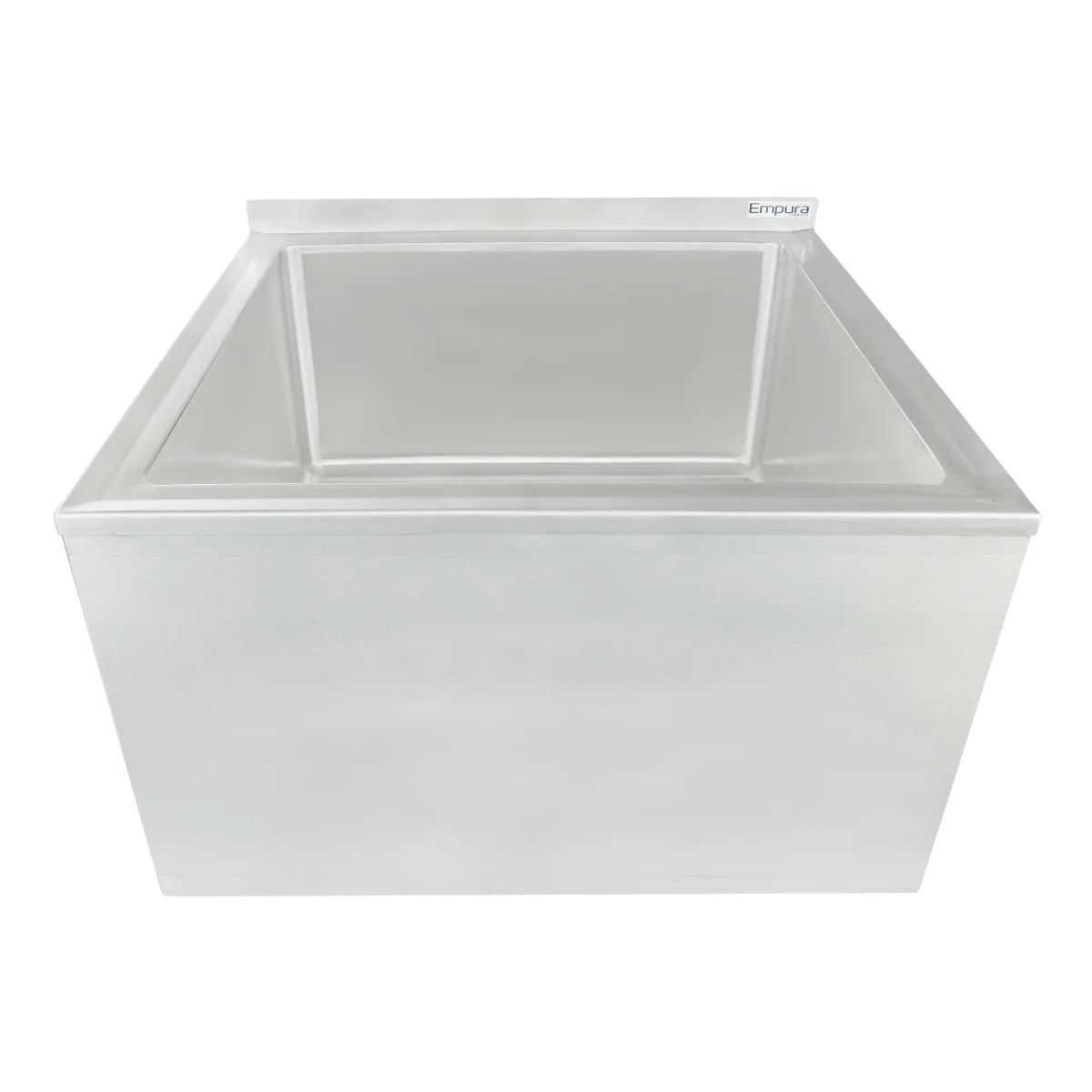 A large, rectangular, stainless steel commercial ice bin with a flat top and an open lid, showing the empty interior. The smooth, metallic surface is similar to that of an NSF mop sink, and the Empura brand logo appears on the top edge. Front angle view shown.