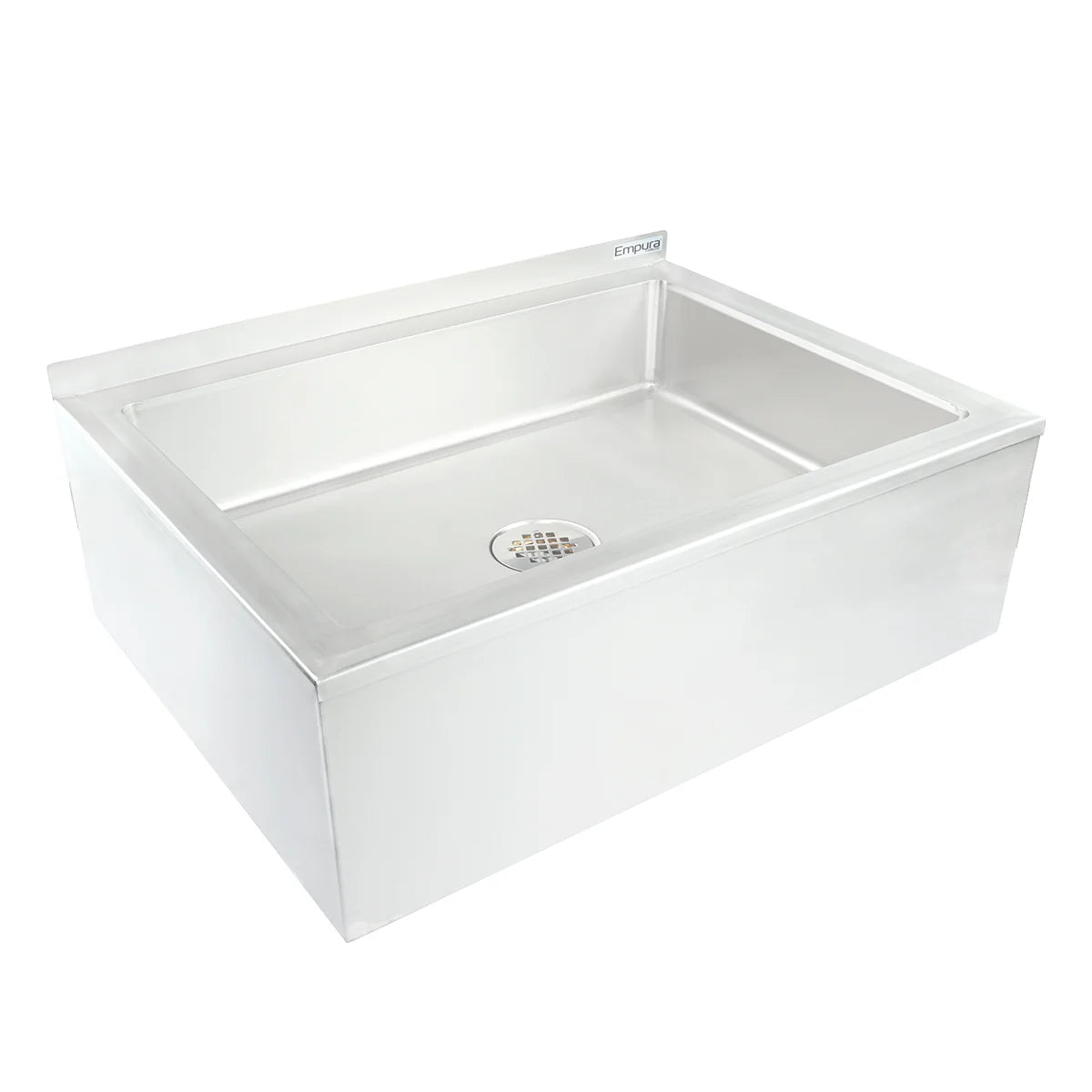 A large, rectangular NSF mop sink with a flat bottom and straight sides. This stainless steel mop sink features an integrated backsplash, a central circular drain with a perforated cover, and a smooth, reflective surface.