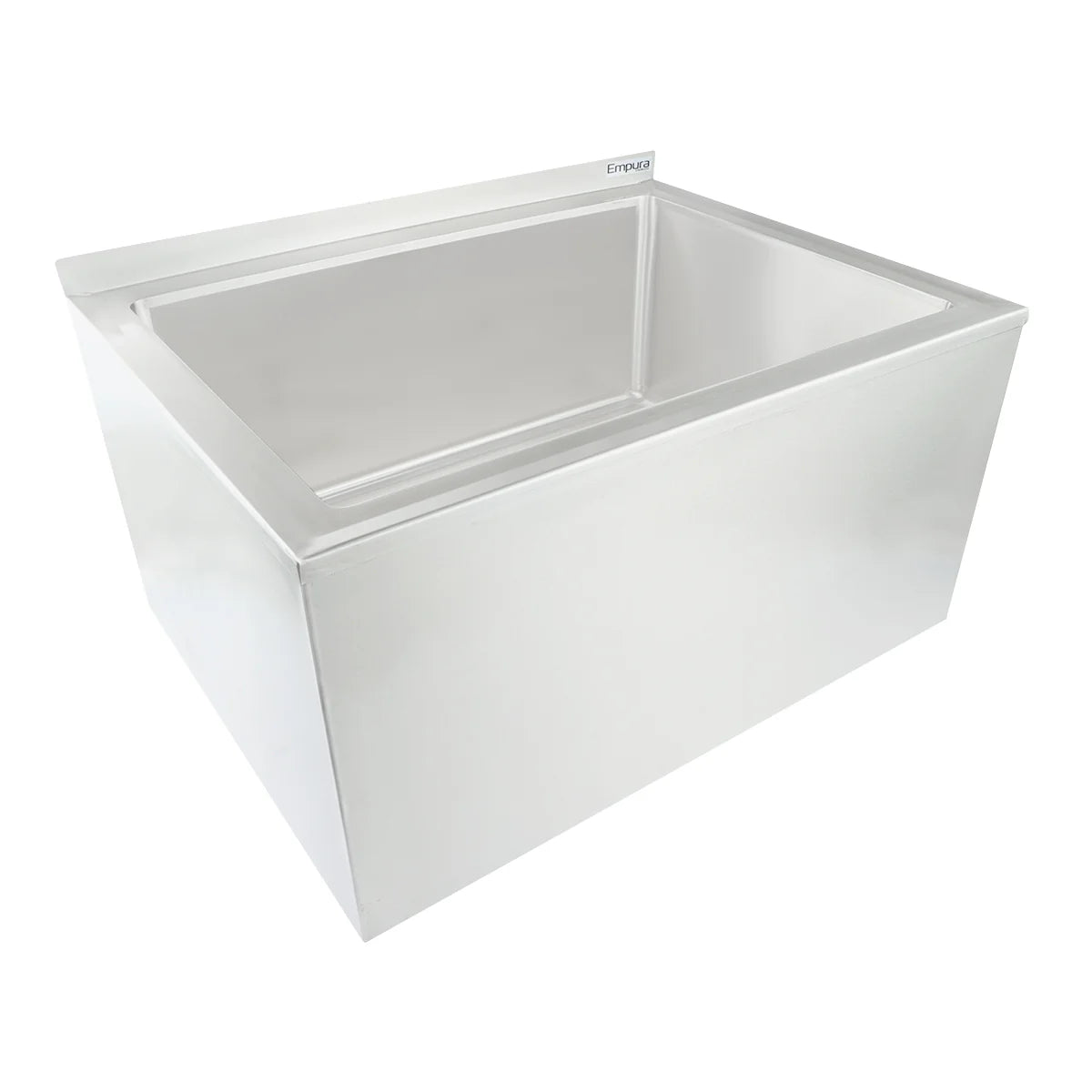 A large, rectangular stainless steel mop sink with a deep basin and flat, smooth surfaces. Featuring a raised backsplash on one side, this NSF mop sink is clean and empty—perfectly designed for heavy-duty or commercial applications.