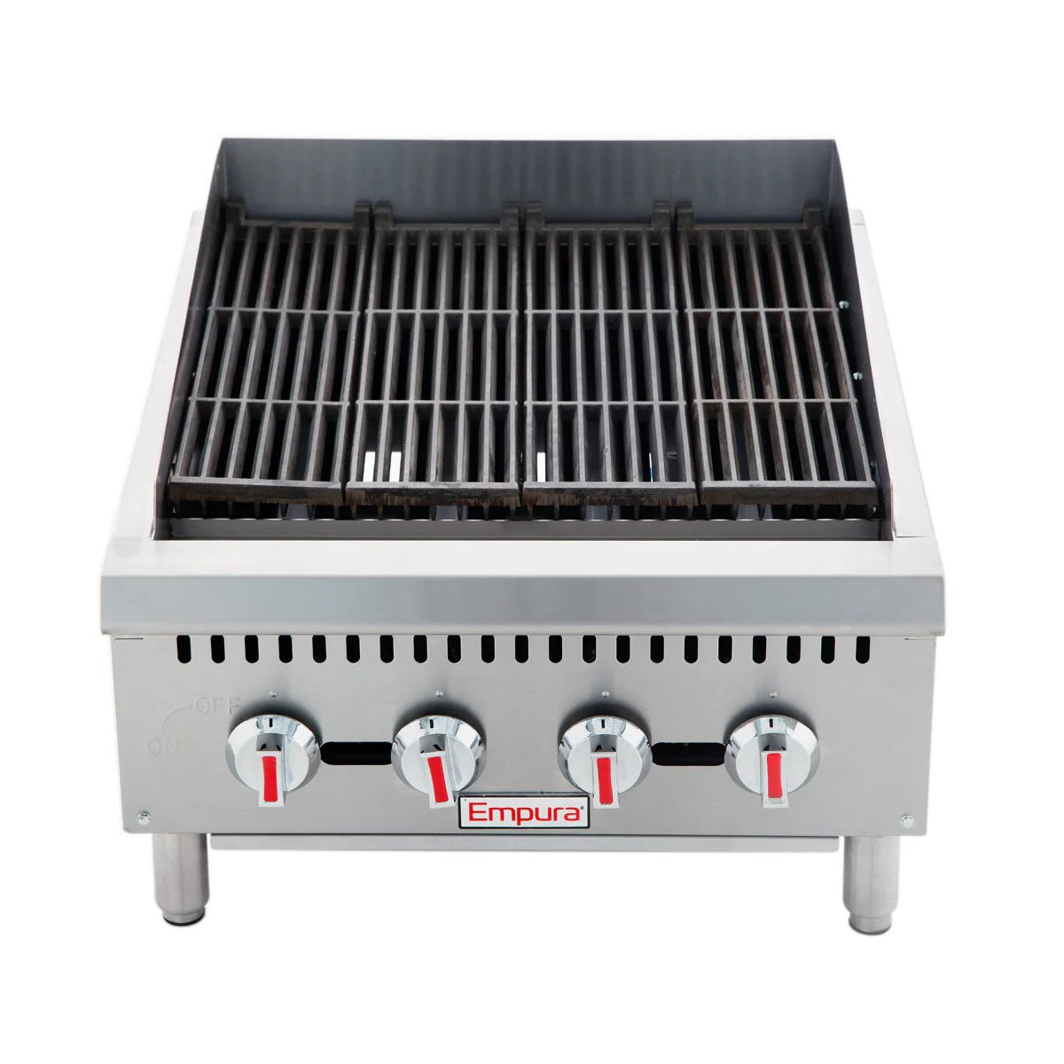 The Empura charbroiler is a heavy duty gas charbroiler with three control knobs, black grates, and red indicators. This stainless steel countertop charbroiler sits on four short legs and displays the Empura brand name on its front panel.