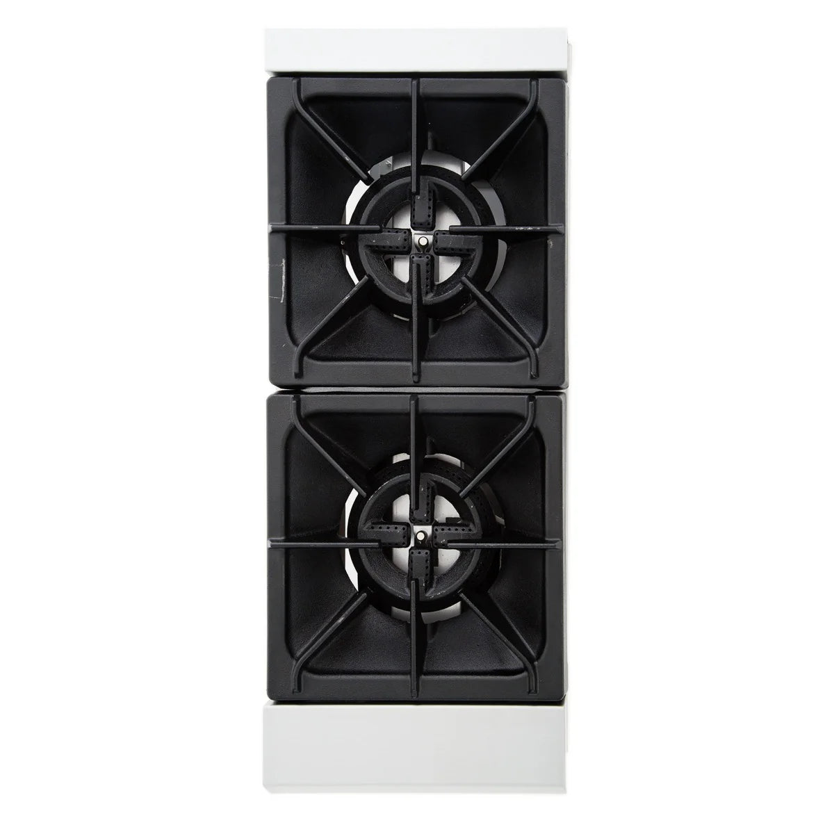 A top-down view of an Empura EHP-2 countertop hot plate with a white base. Each square burner features black cast iron grates and circular burner rings, arranged vertically against a clean white background.