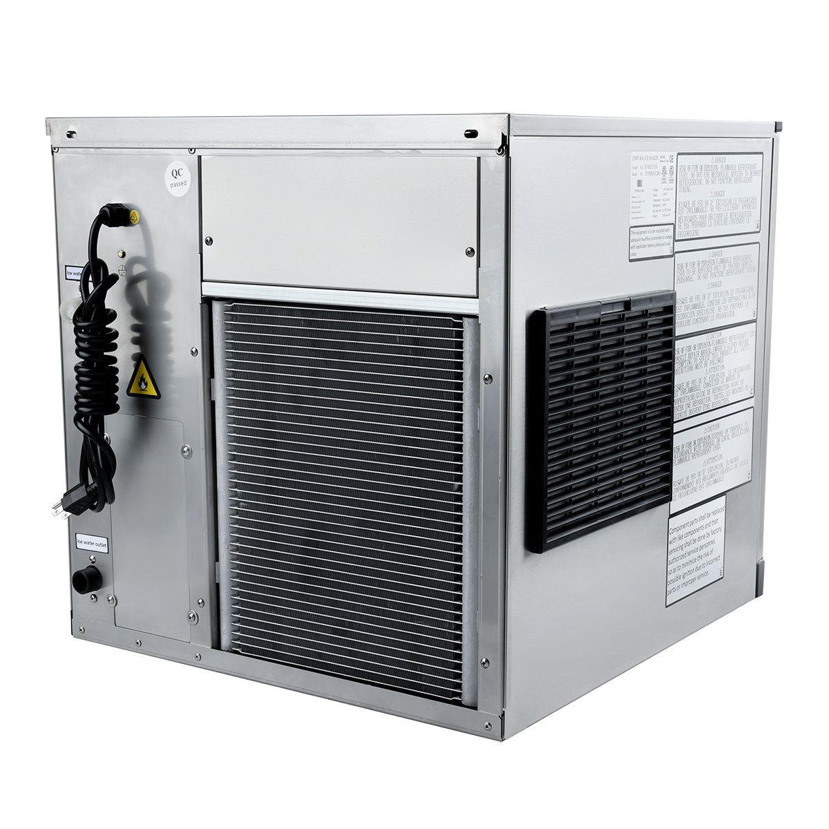 Side and rear view of the Empura E-MCH350 showing condenser vent, power cord, and water outlet for restaurant use