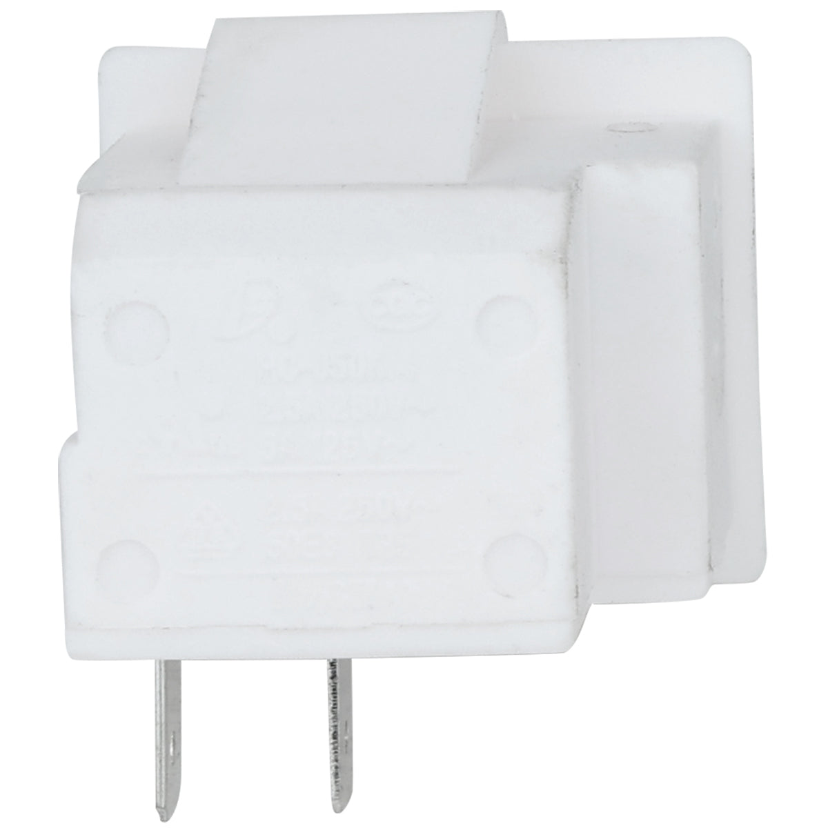 A white, rectangular electrical relay, commonly used in Empura Refrigeration, with two metallic prongs extending downward. The relay has a flat, smooth surface with faint embossed text and a plastic tab on top. Background is plain white.