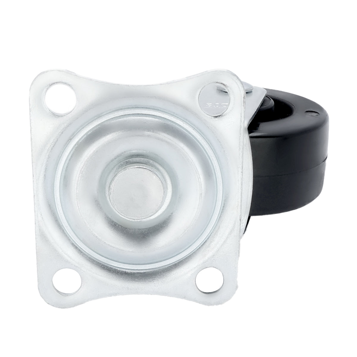 A single black and silver swivel caster wheel from Empura Parts with a metal mounting plate featuring four screw holes. The normal wheel is partially visible behind the shiny plate, which has a circular design and raised center.