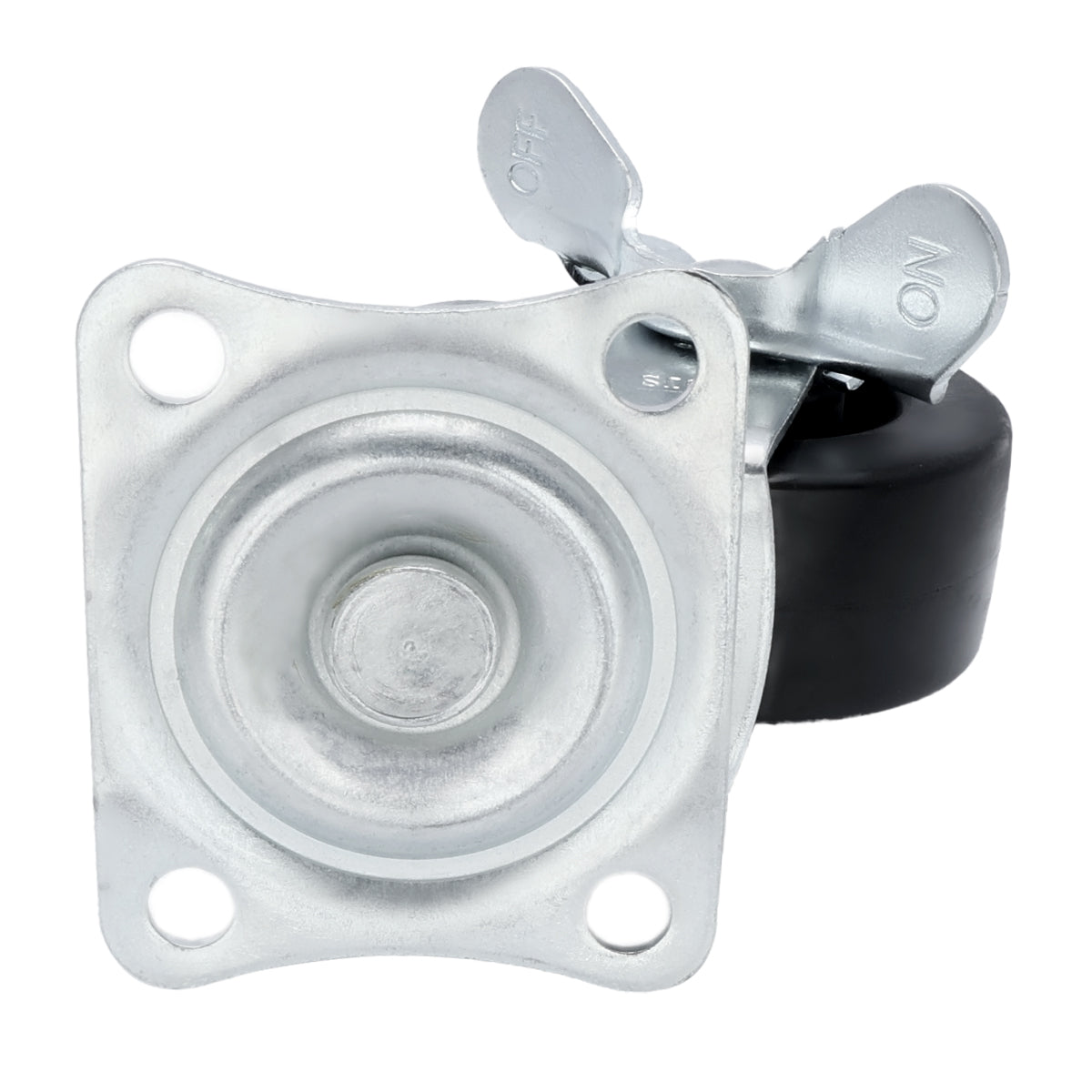 Close-up of an Empura Parts brake wheel swivel caster with a metal mounting plate and locking mechanism labeled ON and OFF. The plate features four screw holes, and the black rubber wheel is partially visible behind the hardware.
