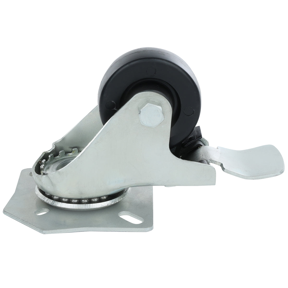 A close-up of a single Empura Refrigeration caster with brake, featuring a black rubber wheel, silver metal mounting plate, and metal brake lever attached to the side, shown on a white background.