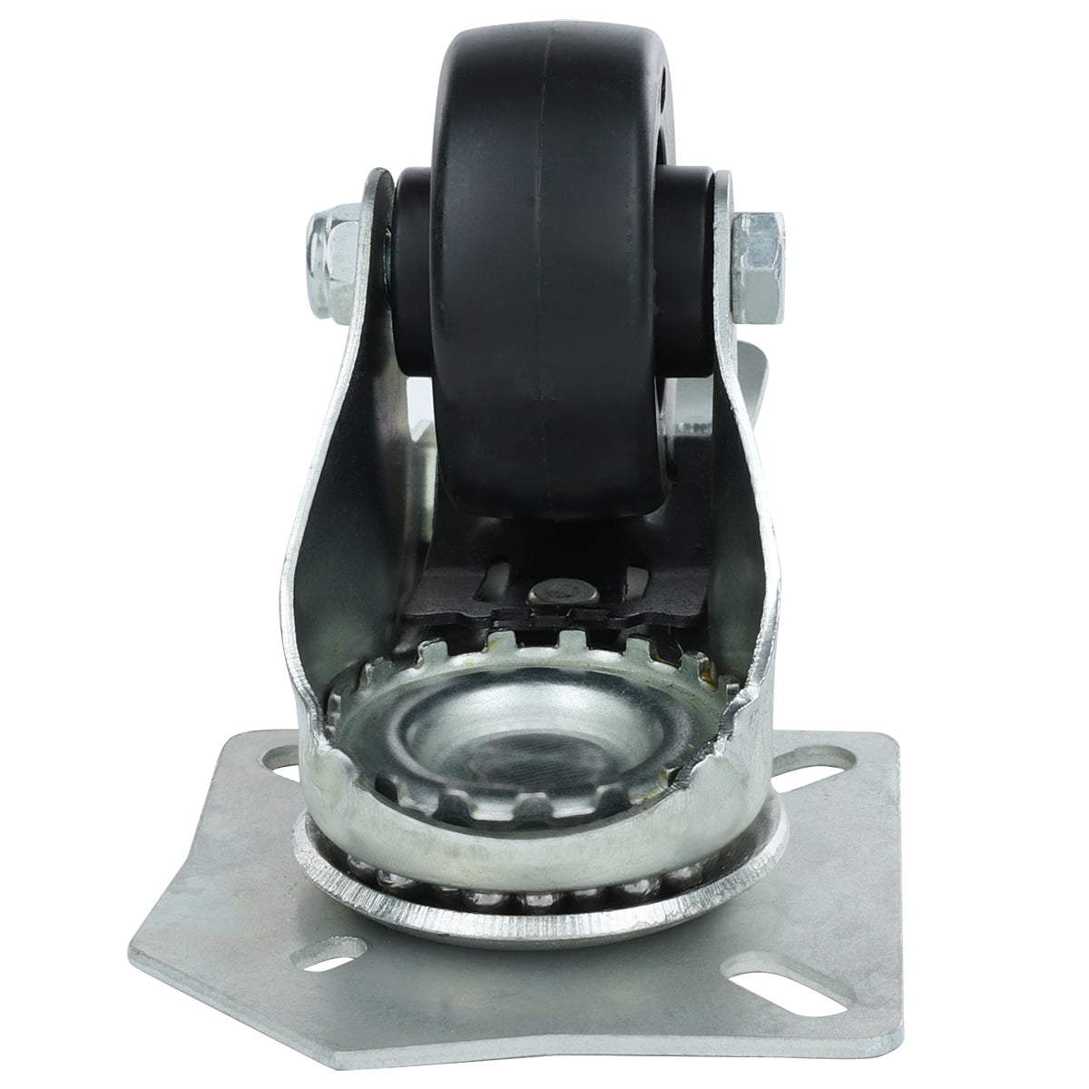 A close-up view of an Empura Parts caster with brake, featuring a black rubber tire and a metal mounting plate. The sturdy bracket holds the wheel securely, with multiple holes for attachment. The upright wheel faces forward.