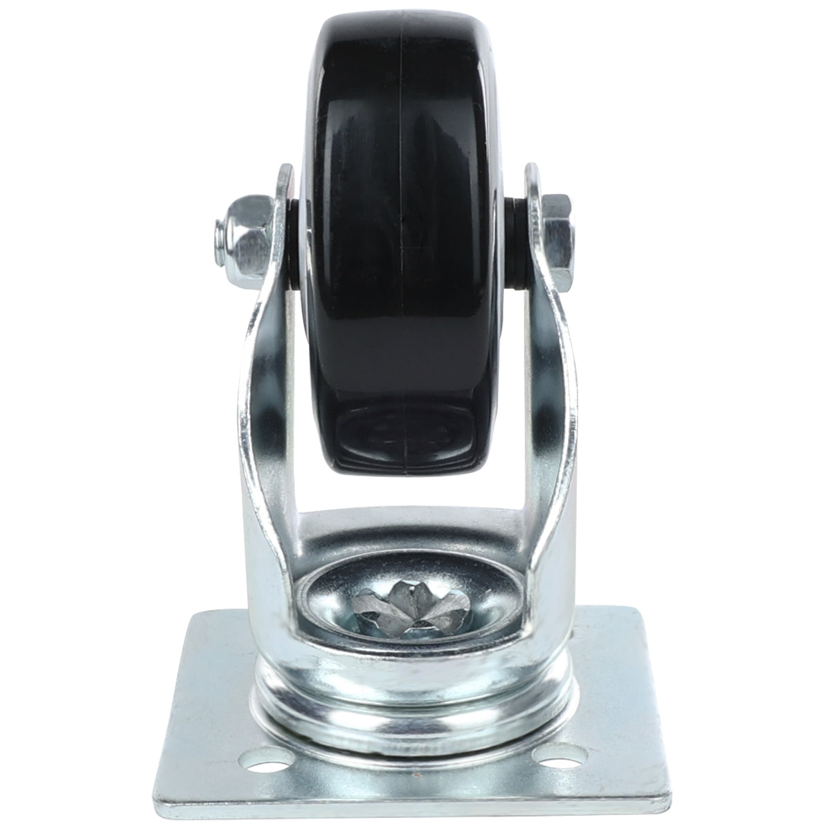 A black swivel caster without brake from Empura Parts is shown upright with a metal mounting plate. The wheel sits within a shiny, silver frame, and the base has four holes for mounting. The image is taken against a plain white background.