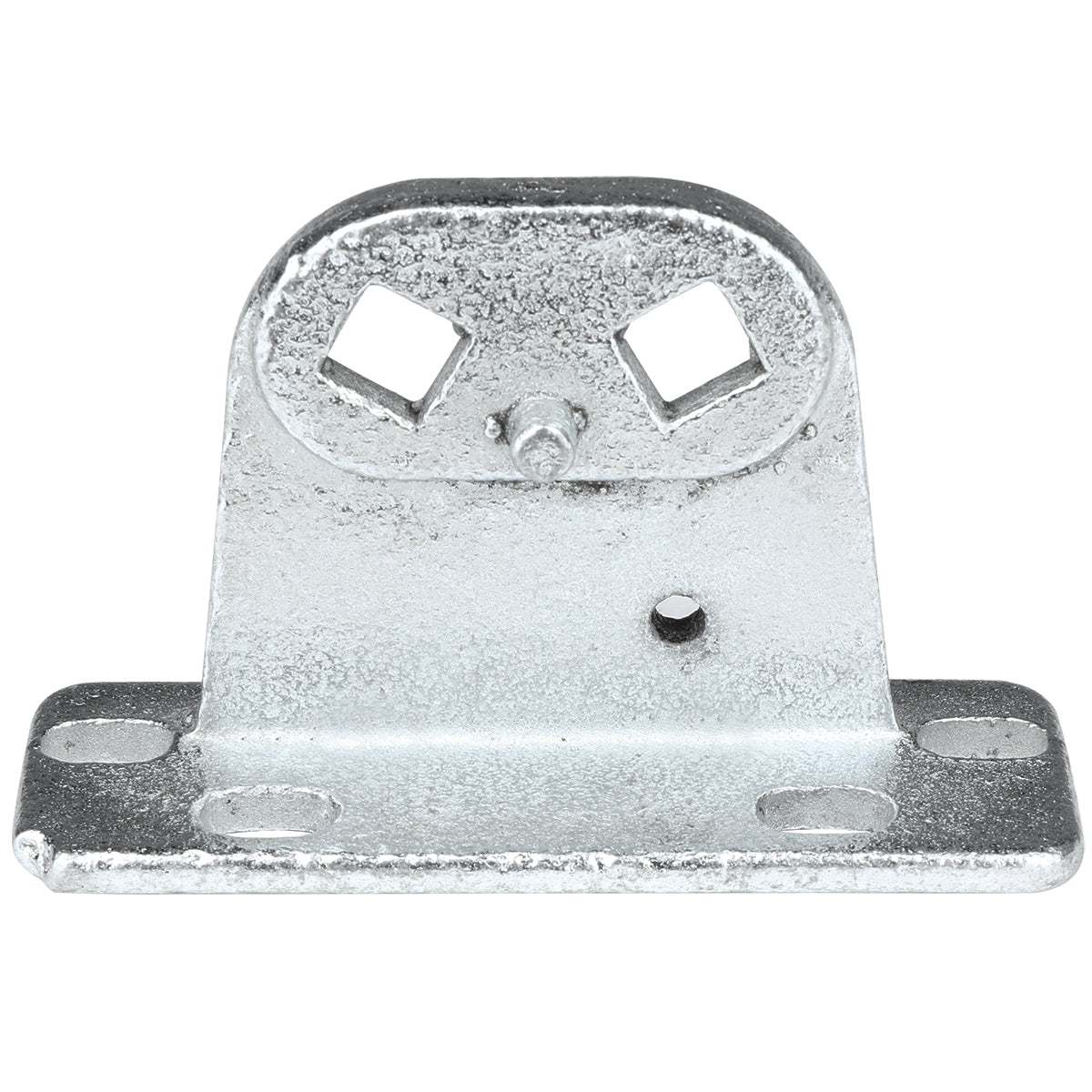 A metal door hinge bracket from Empura Parts features a flat rectangular base with four oval holes, an upright section with two diamond-shaped holes, and a central cylindrical peg. The textured silver surface suggests its galvanized for Empura Refrigeration durability.