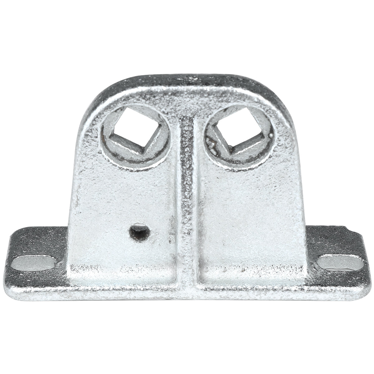 A silver metallic door hinge bracket with two square holes on its vertical face and two round holes at each end of its flat base, designed for mounting structural components. Compatible with Empura Refrigeration units. The surface is textured and slightly reflective.