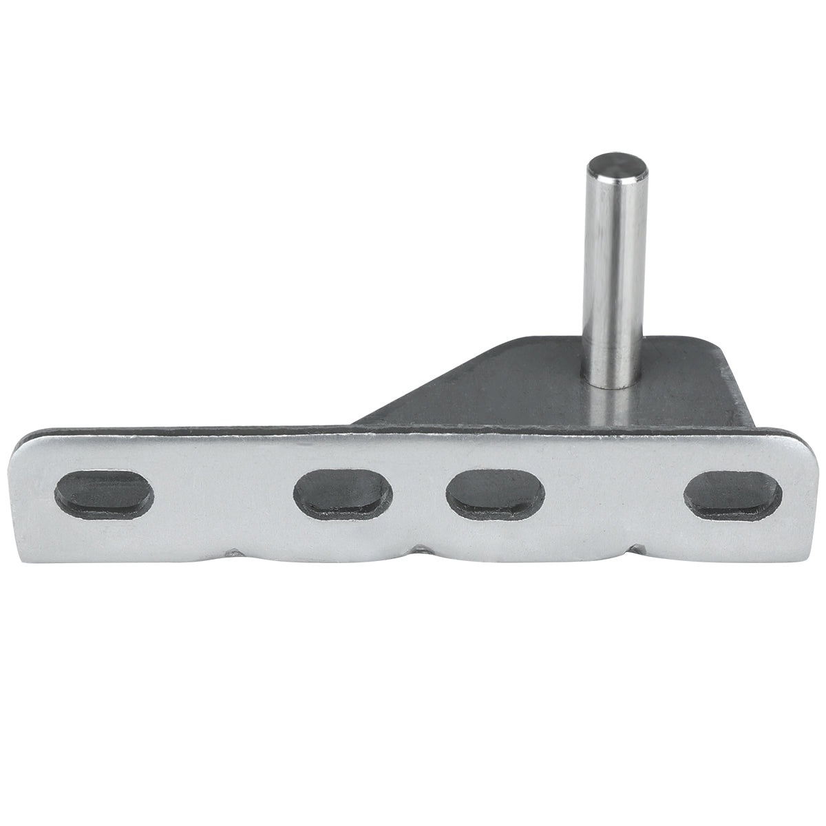 A silver Empura Door Hinge Bracket, model 107070116, featuring three oval holes in a row along its flat base and a cylindrical vertical peg attached at one end. The matte, unfinished surface and angular support section ensure reliable performance in Empura Refrigeration units.