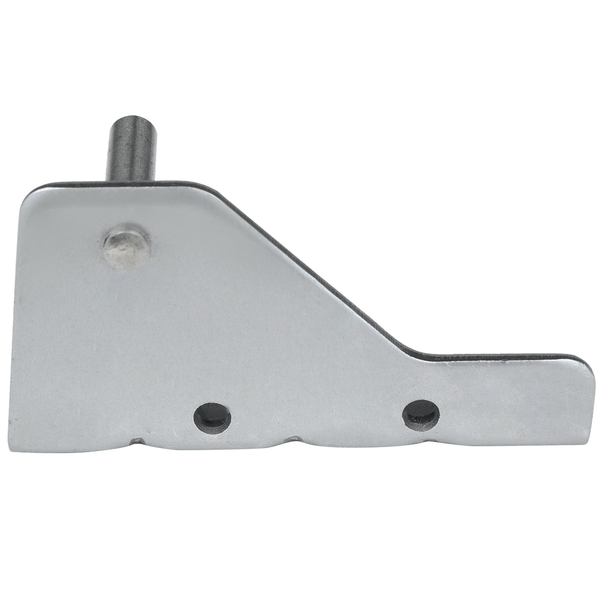 A metal Empura Door Hinge Bracket with a smooth, flat surface and a small cylindrical peg on the upper left side. Designed for Empura Refrigeration, it features a sloped top edge, two round holes at the bottom, and a notched lower right section. 107070116.