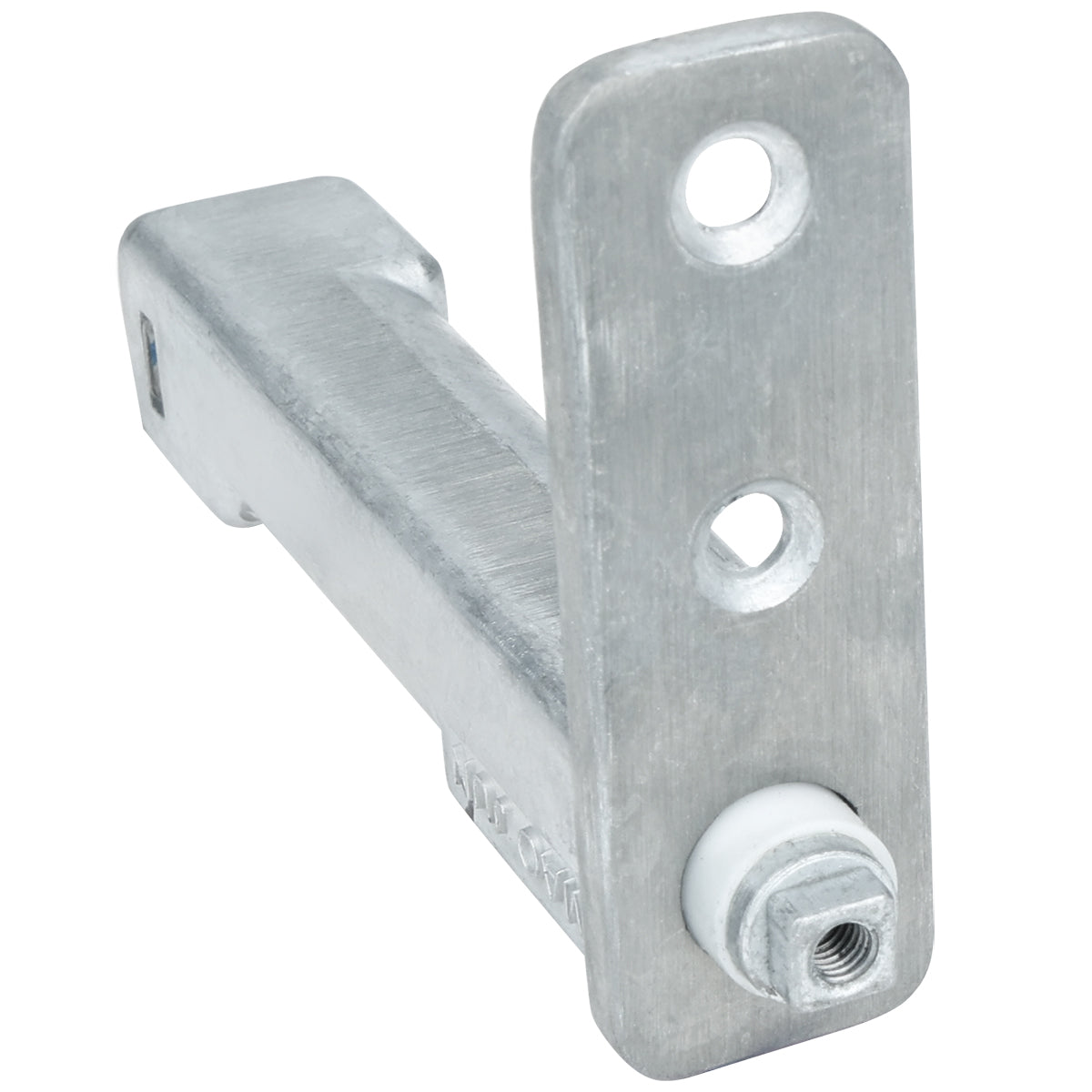 A close-up image of an Empura Parts metal bracket or Door Spring Hinge with a rectangular arm and a flat mounting plate featuring two holes. A white plastic or nylon bushing is visible near a threaded opening at the base.