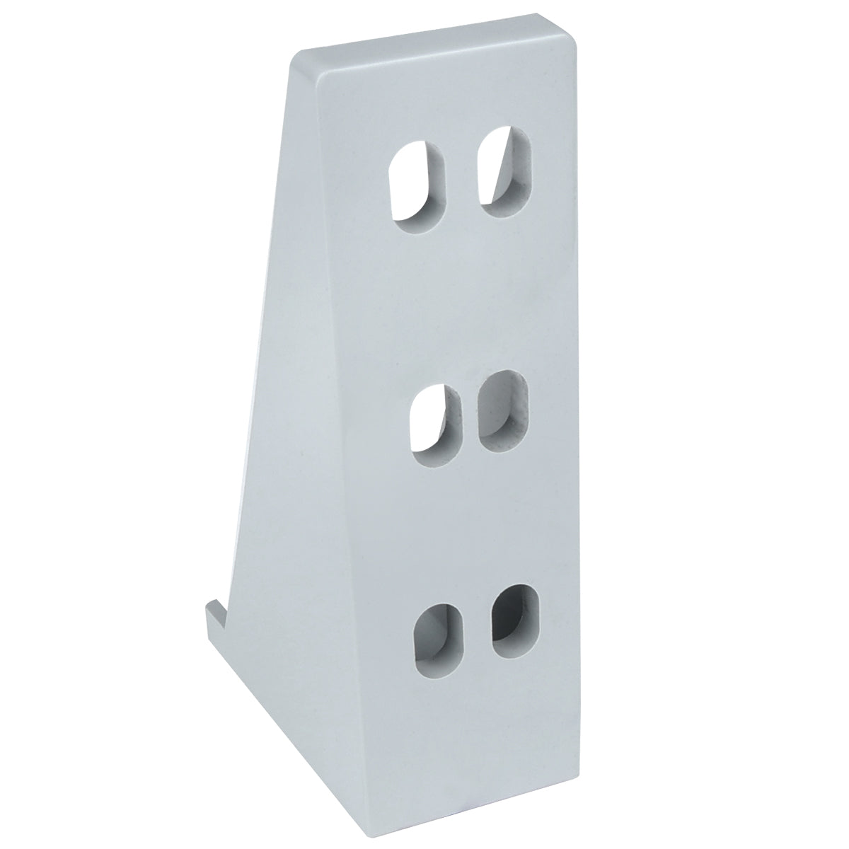 A light gray metal L-shaped Door Hinge Bracket stands upright, featuring two columns of three rounded rectangular holes each on the vertical face. This Empura Parts bracket has clean, smooth surfaces and a sturdy appearance for reliable support.