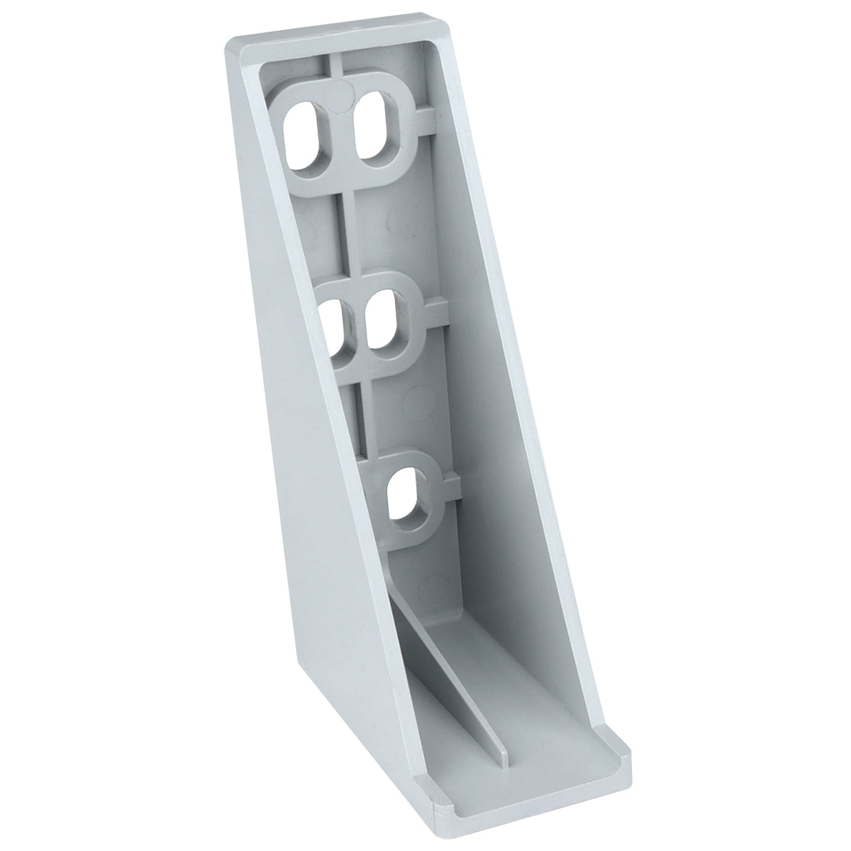 A light gray, L-shaped plastic door hinge bracket with four rectangular mounting holes. The bracket, often used as an Empura Refrigeration part, features a ribbed support structure and flat base for reinforcement in assembly applications.