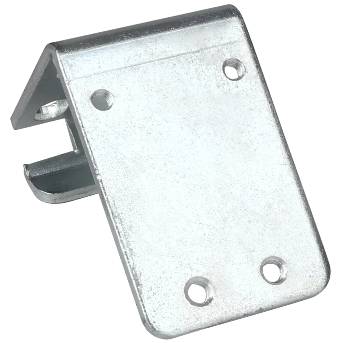 A silver metal Empura Refrigeration E-KB25WR Door Hinge Bracket with a flat rectangular front featuring four screw holes and an angled back slot, designed for mounting or securing objects. The surface appears slightly textured.