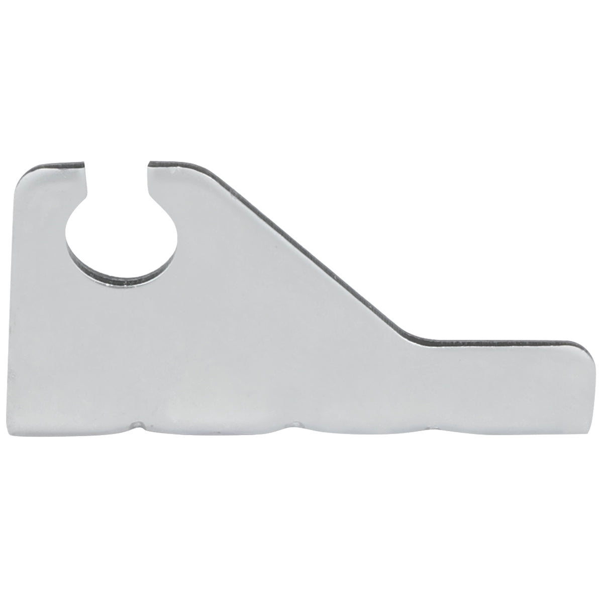 A flat, silver-metal Empura Parts tool with a smooth surface. One end features a semicircular cutout while the opposite end is squared off, designed for use as a door hinge bracket in Empura Refrigeration units.