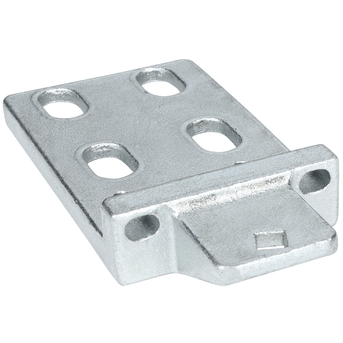 A silver metal mounting plate, like the EGM-75W Door Hinge Bracket, with a rectangular base, four elongated oval holes, and two round holes near a raised edge—ideal for securing objects in Empura Refrigeration or other industrial applications.