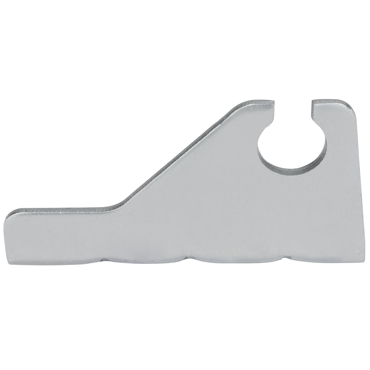 A flat, metallic, silver-gray Door Hinge Bracket for Empura Refrigeration E-EGM-48FB features a straight bottom edge, angled top edge rising to a semicircular cutout on the upper right, and a small notch at the end. The surface is smooth and unmarked.