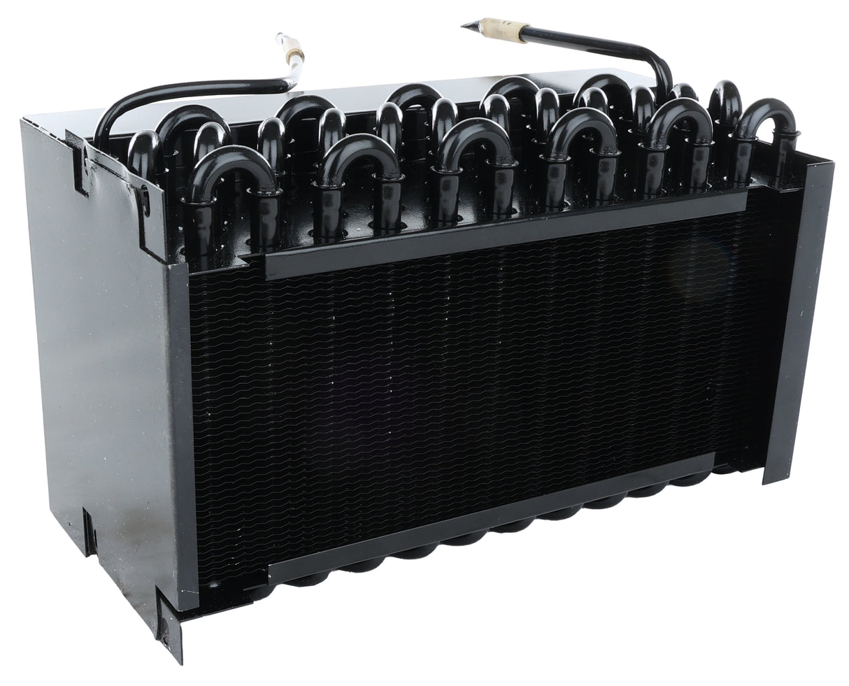 A black metal condenser coil from Empura Refrigeration features multiple curved pipes on top and a dense grid of fins at the front for efficient cooling. Two connecting pipes extend upward, one insulated—ideal for Empura Parts replacement.