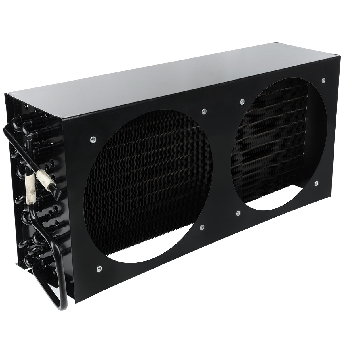 A black rectangular metal heat exchanger with two large circular cutouts on the front, revealing dense fins inside. Several black tubes and a white-wrapped pipe extend from one side—typical of Empura Refrigeration condenser coil parts.