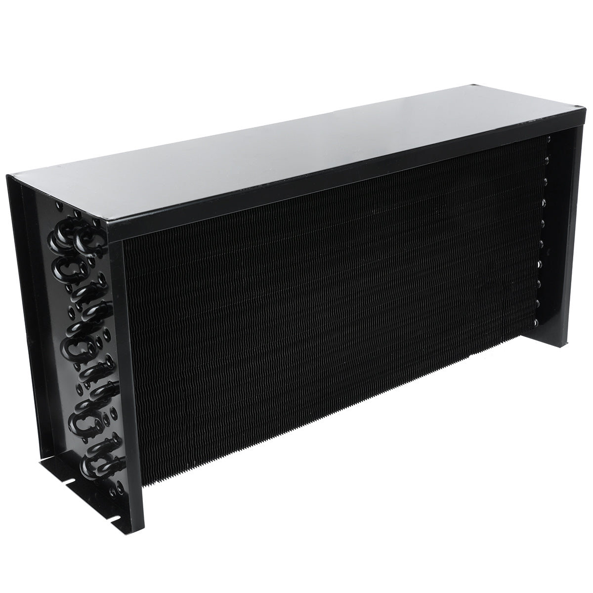 Black rectangular condenser coil with parallel thin metal fins and coiled tubes visible on the side, used for transferring heat in Empura Refrigeration or HVAC systems. It stands on two side supports and features a solid top cover—ideal for Empura Parts replacements.