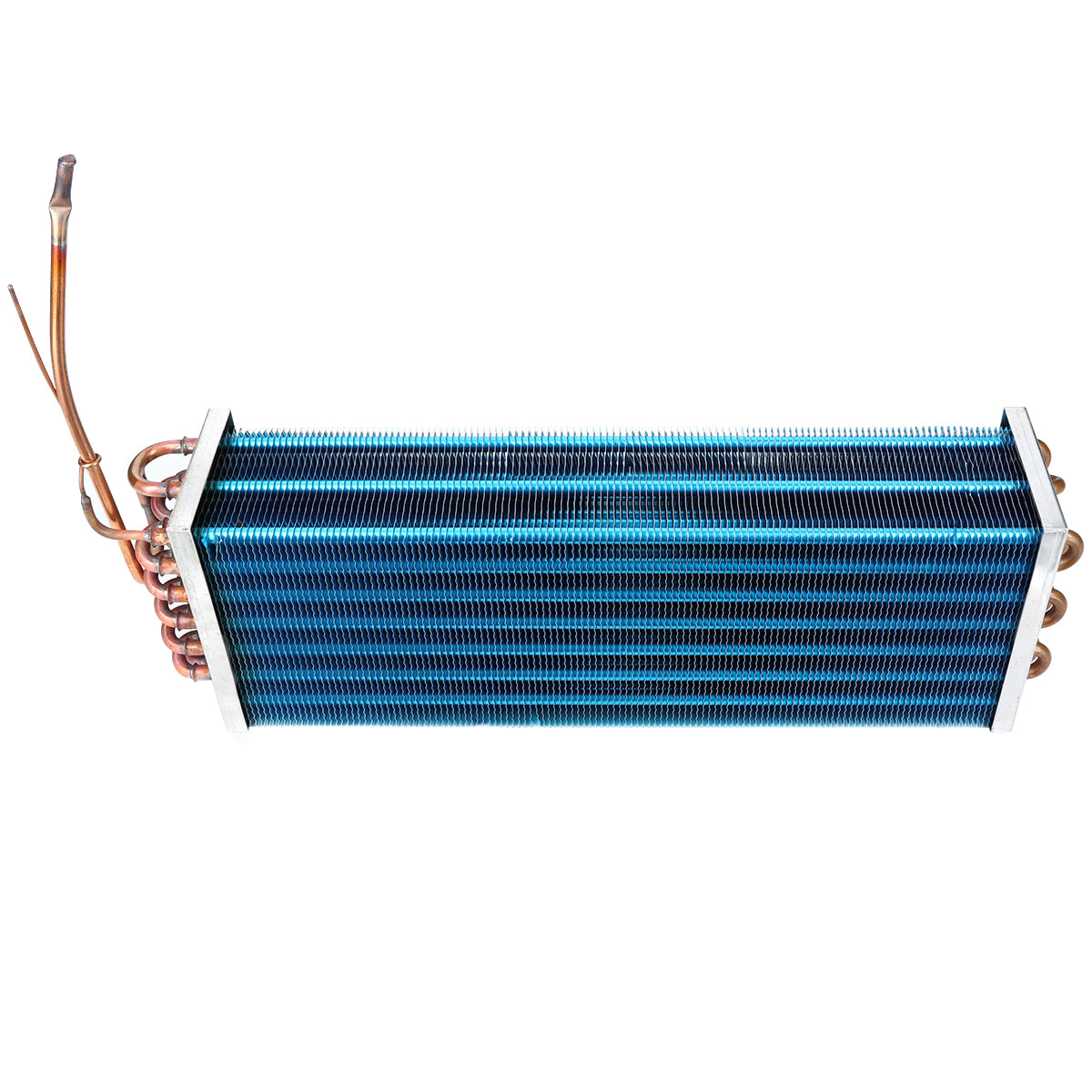 A rectangular blue finned heat exchanger, like an Empura Refrigeration evaporator coil, features multiple copper pipes entering on the left and exiting right. Closely spaced metallic fins enhance thermal conductivity for efficient HVAC system performance.