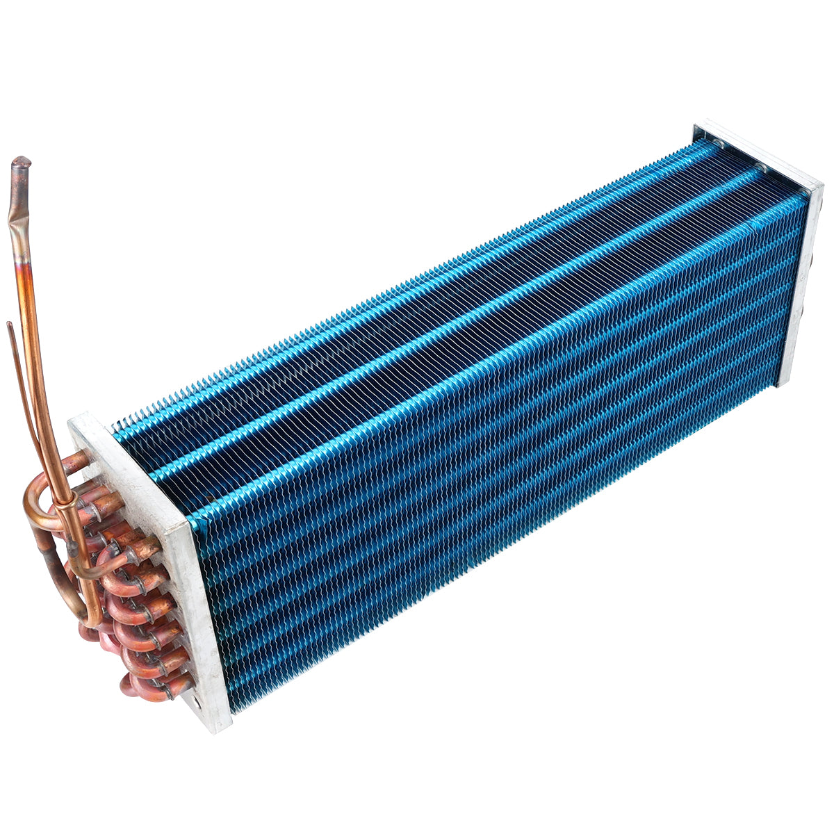 A blue and silver metal evaporator coil for Empura Refrigeration features tightly packed fins, copper tubing, and joints on one end for refrigerant flow. This rectangular Empura part is designed for efficient heat exchange in cooling systems.