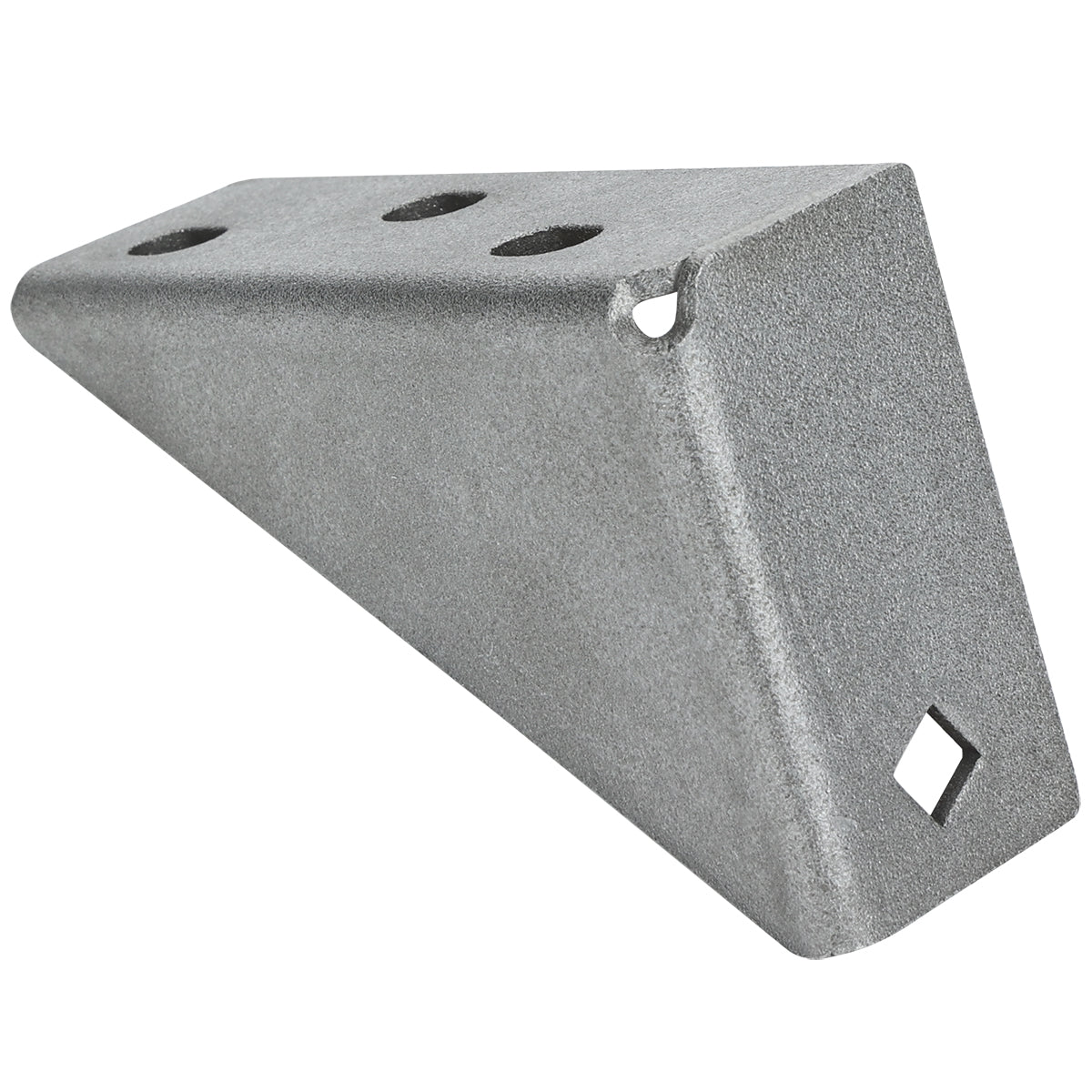 A gray, metal right-angle Door Hinge Bracket from Empura Parts with a textured surface, featuring three round holes on the top face and two square holes on the sides. The bracket is photographed against a white background.