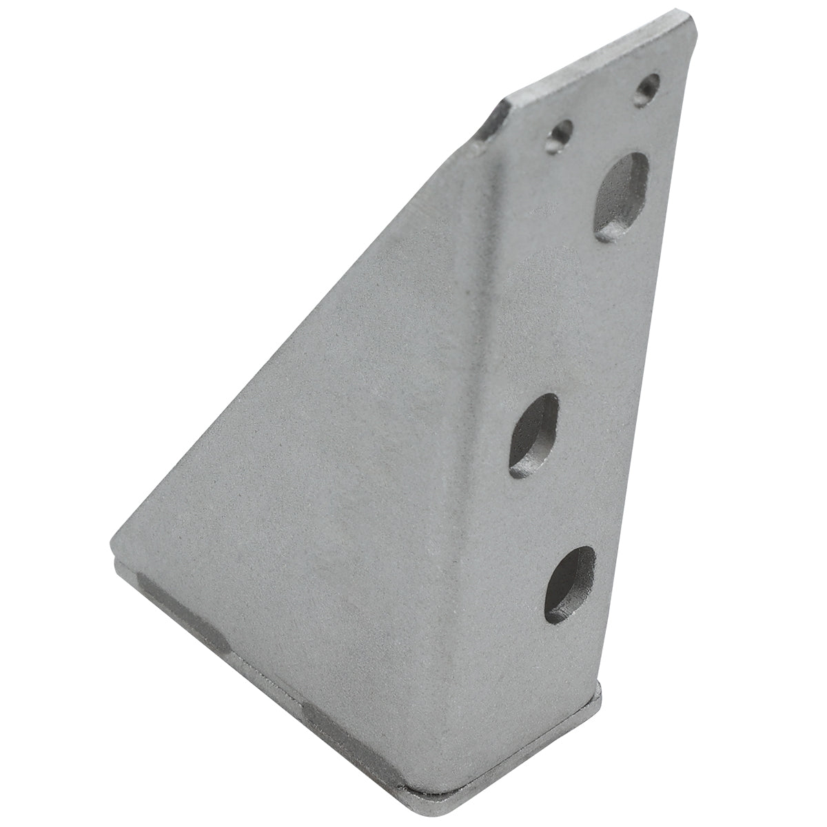 A gray, triangular metal bracket with a flat base and three rounded holes on one face. This sturdy Empura Parts bracket features a right-angled design and smooth edges, making it ideal as a door hinge bracket for Empura Refrigeration units.