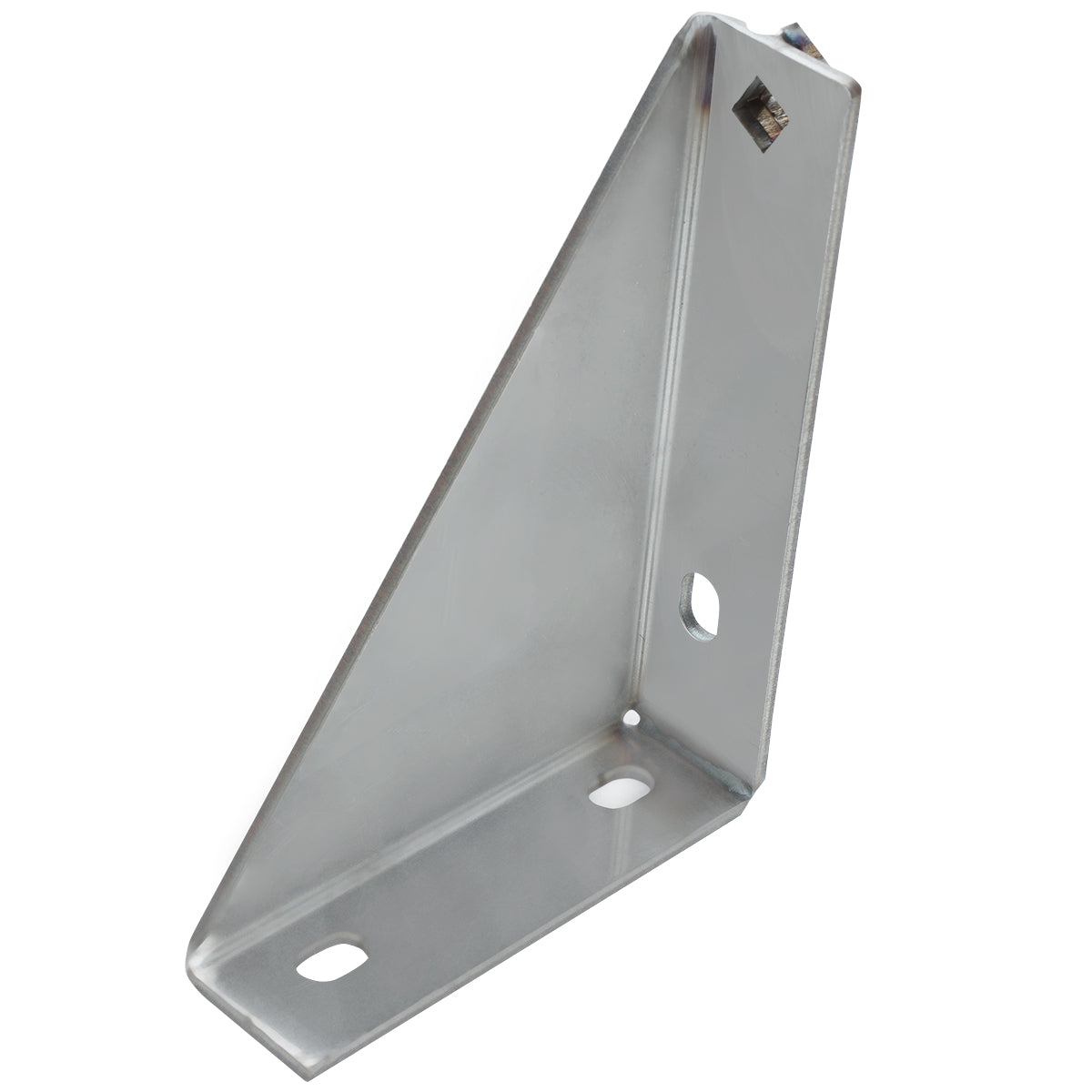 A metal L-shaped Door Hinge Bracket with three oval holes and one square hole for mounting, shown at an angle on a white background. The bracket, used in Empura Refrigeration, features a reinforced triangular gusset for added strength.