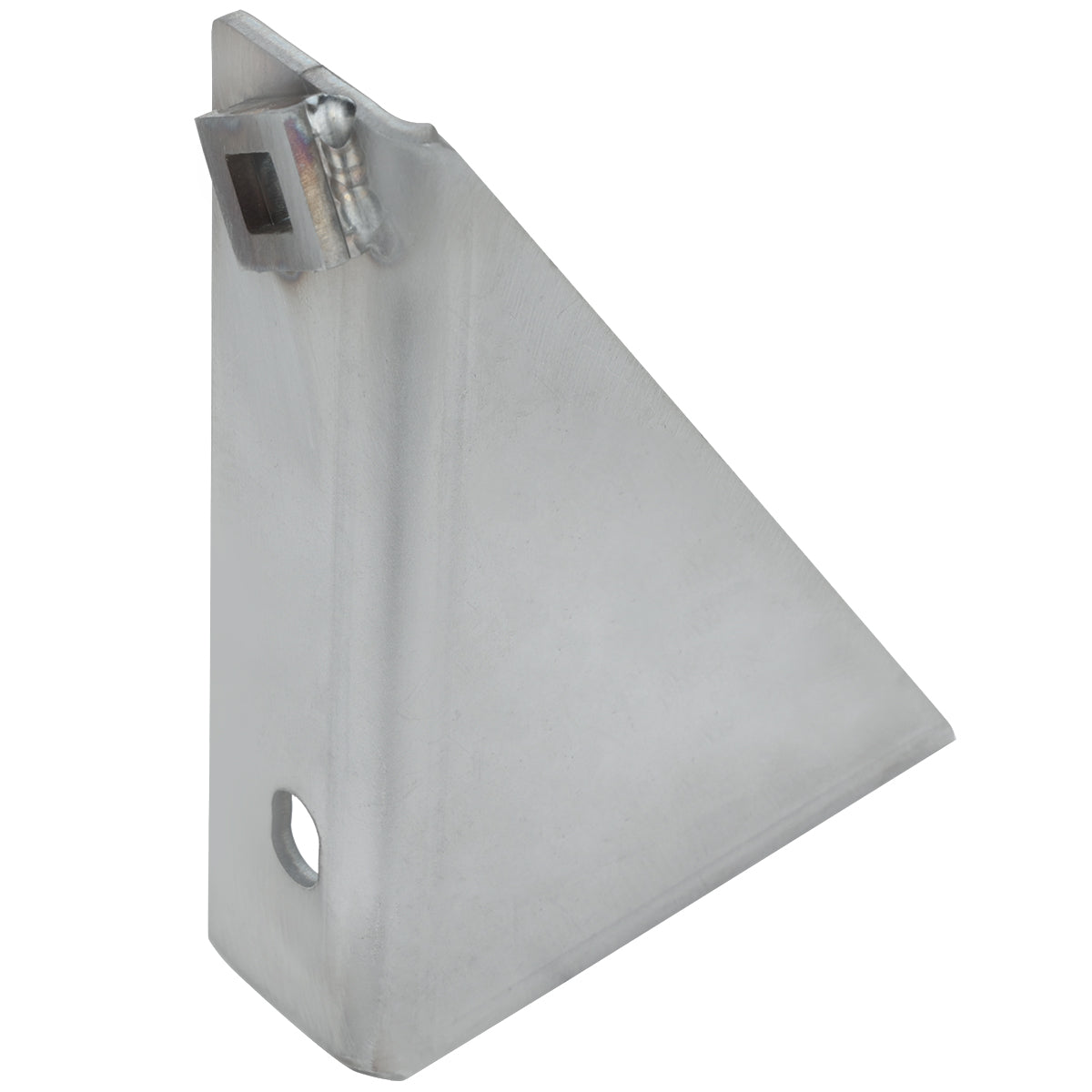 A metal, triangular Door Hinge Bracket with a smooth surface and a right angle. One side has a circular hole near the base, and the top corner features a rectangular notch with visible welds. Matte silver finish fits Empura Refrigeration units.
