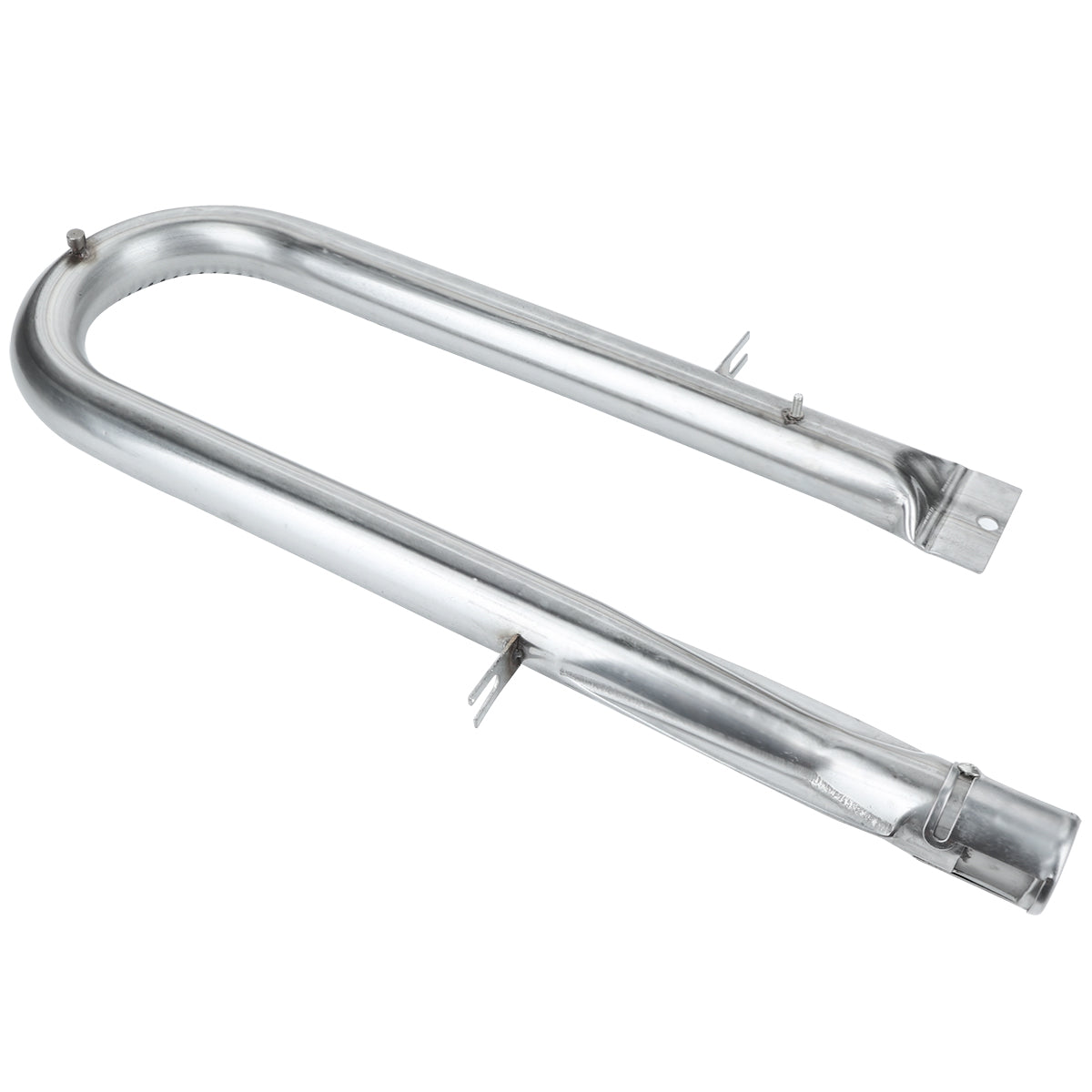A shiny, metallic U-shape burner with mounting brackets and a flat attachment plate, designed as a replacement part for gas grill charbroilers. This Empura Parts burner features a simple, functional design and reflective surface.