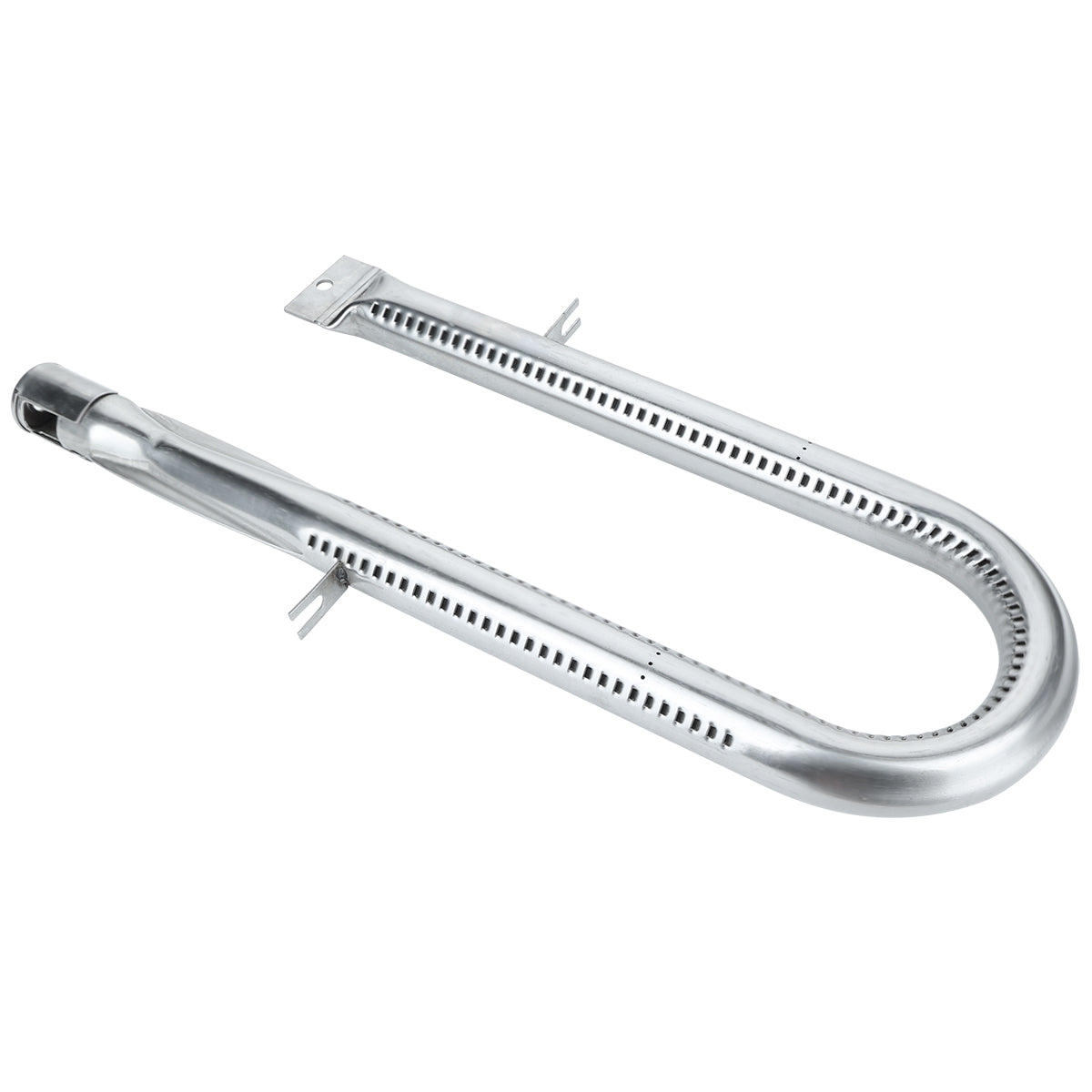 A shiny, metallic U shape burner tube with rows of small flame ports and mounting brackets is designed for use in gas grill charbroilers. One end is open for gas flow, while the other curves smoothly. Compatible with select Empura Parts.