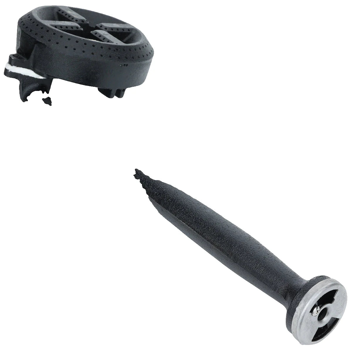 Two black plastic automotive fasteners from Empura Parts with silver metal edges are shown: one is a round, cap-like clip with cross slots, the other a pointed anchor with a flared head, both isolated on a white background.