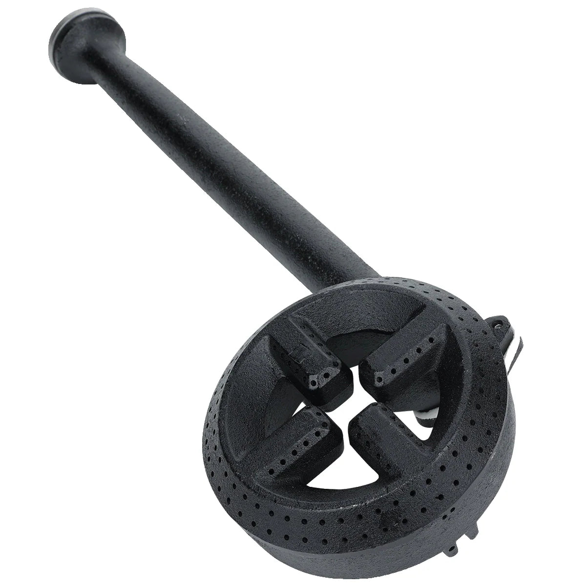 A black cast iron back burner assembly with a round, perforated base and four supporting spokes, attached to a long pipe; used for distributing gas flames in stoves or outdoor Empura Equipment.