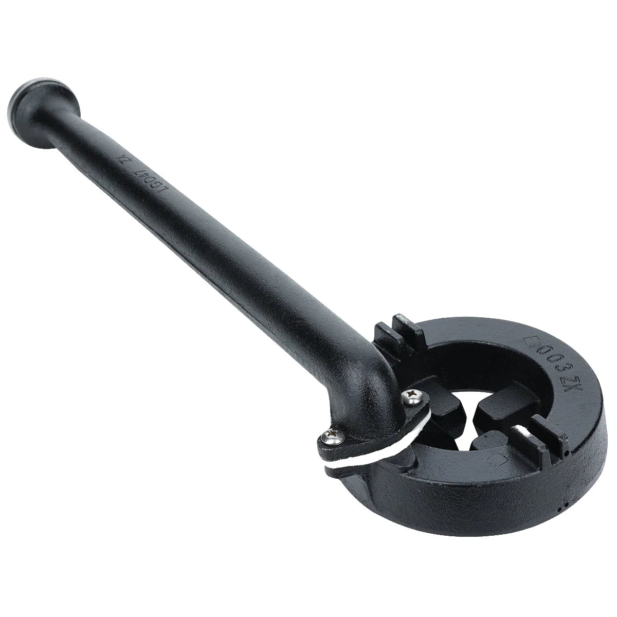 A black cast iron pipe threading tool from Empura Equipment features a long handle and a round, toothed die head with adjustable jaws for cutting screw threads onto pipes. Clear engraved markings are visible, shown against a white background.