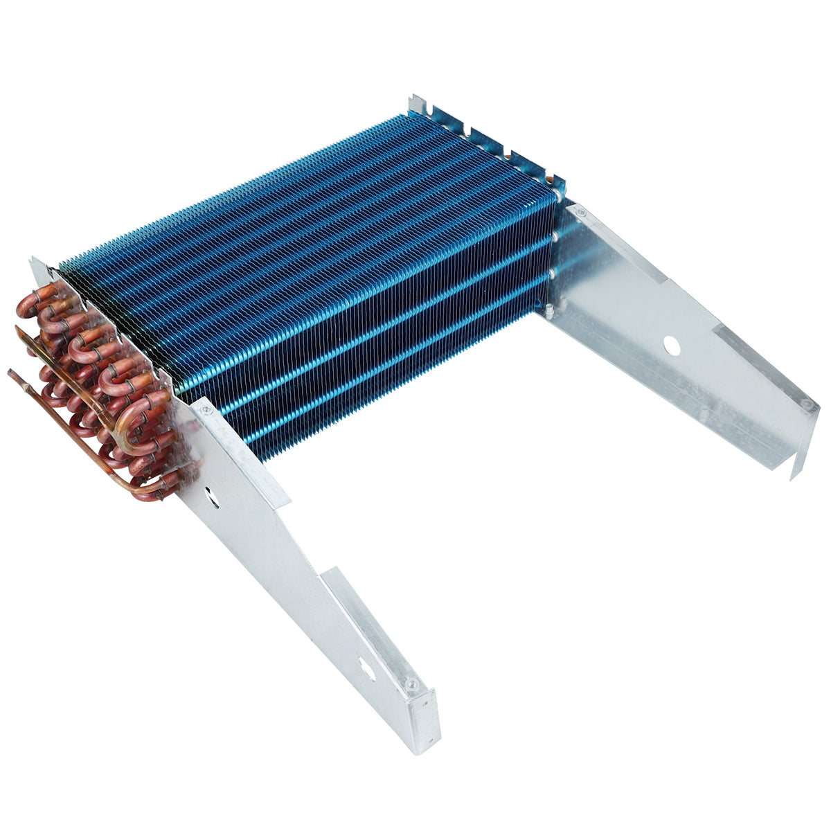 A metal evaporator coil with thin, blue cooling fins stacked closely together. Copper tubes run through the fins on one side, and two angled silver mounting brackets extend outward—ideal for Empura Refrigeration or as genuine Empura Parts.