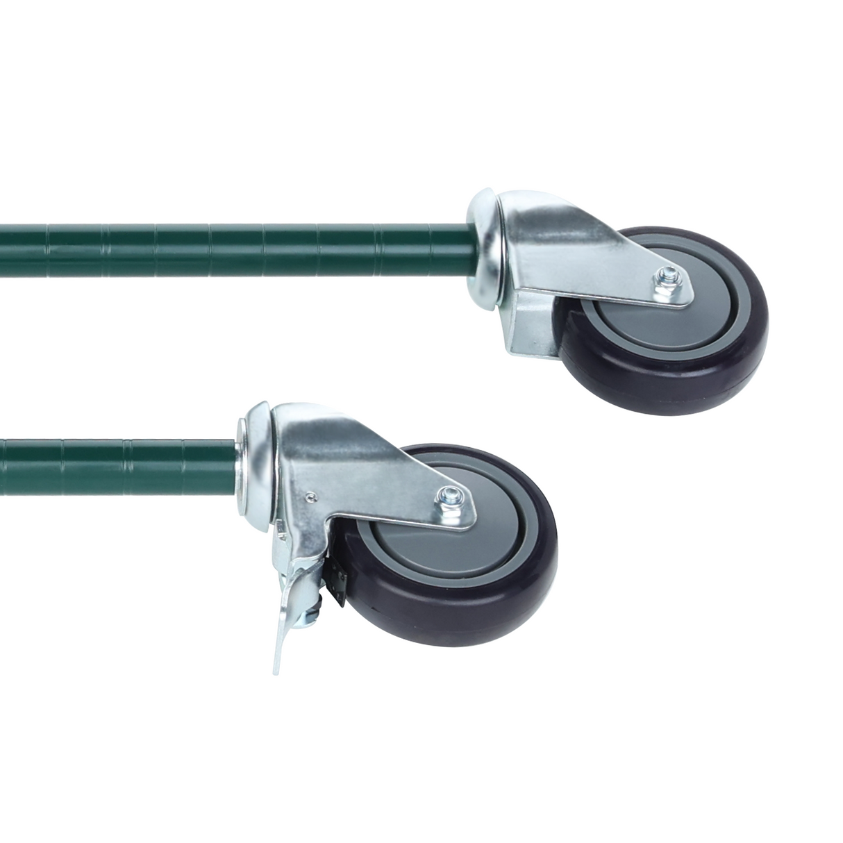 Two black 4" Caster Kit wheels with silver metal brackets are attached to green metal poles. One wheel features a metal lever for locking, while the other does not. Shown in side view, they're compatible with Wire Shelving Kits.