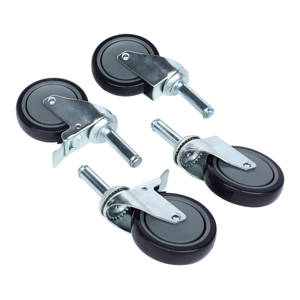 Four black and gray Empura caster kit wheels with metal mounting stems and brackets are arranged on a white background. Two of the 5 inch casters have visible locking mechanisms, ideal for wire shelving stability.