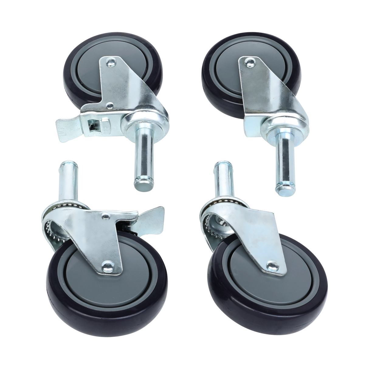 Four black and gray swivel caster wheels with metal mounting stems are arranged on a white background. These 5 inch casters, ideal for wire shelving, include two locking and two non-locking wheels with shiny metal hardware.