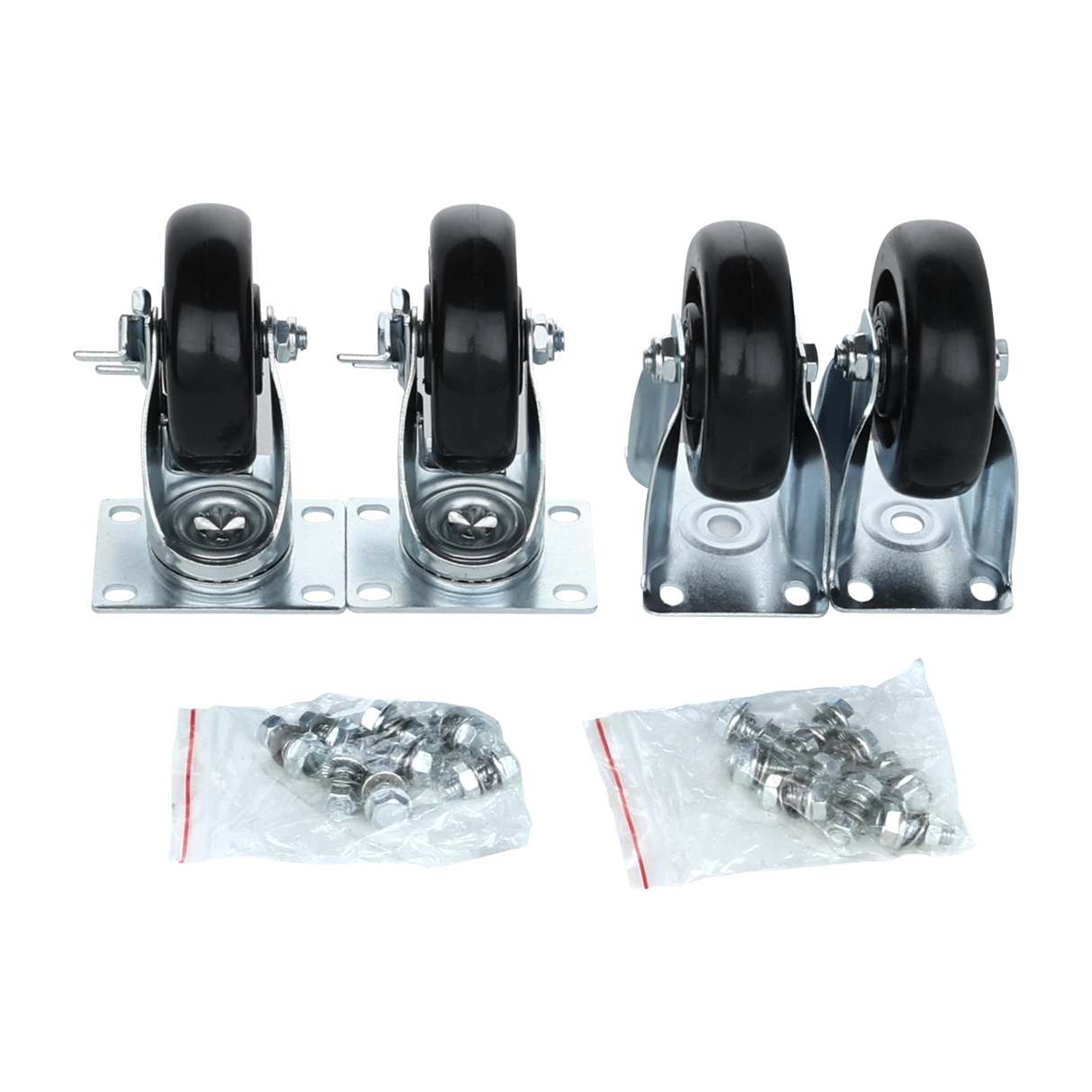 Four black rubber swivel locking casters with metal mounts are arranged in a row. This 5" caster set by Empura Parts includes two braked casters, plus plastic bags of bolts and nuts for installation, all shown on a white background.