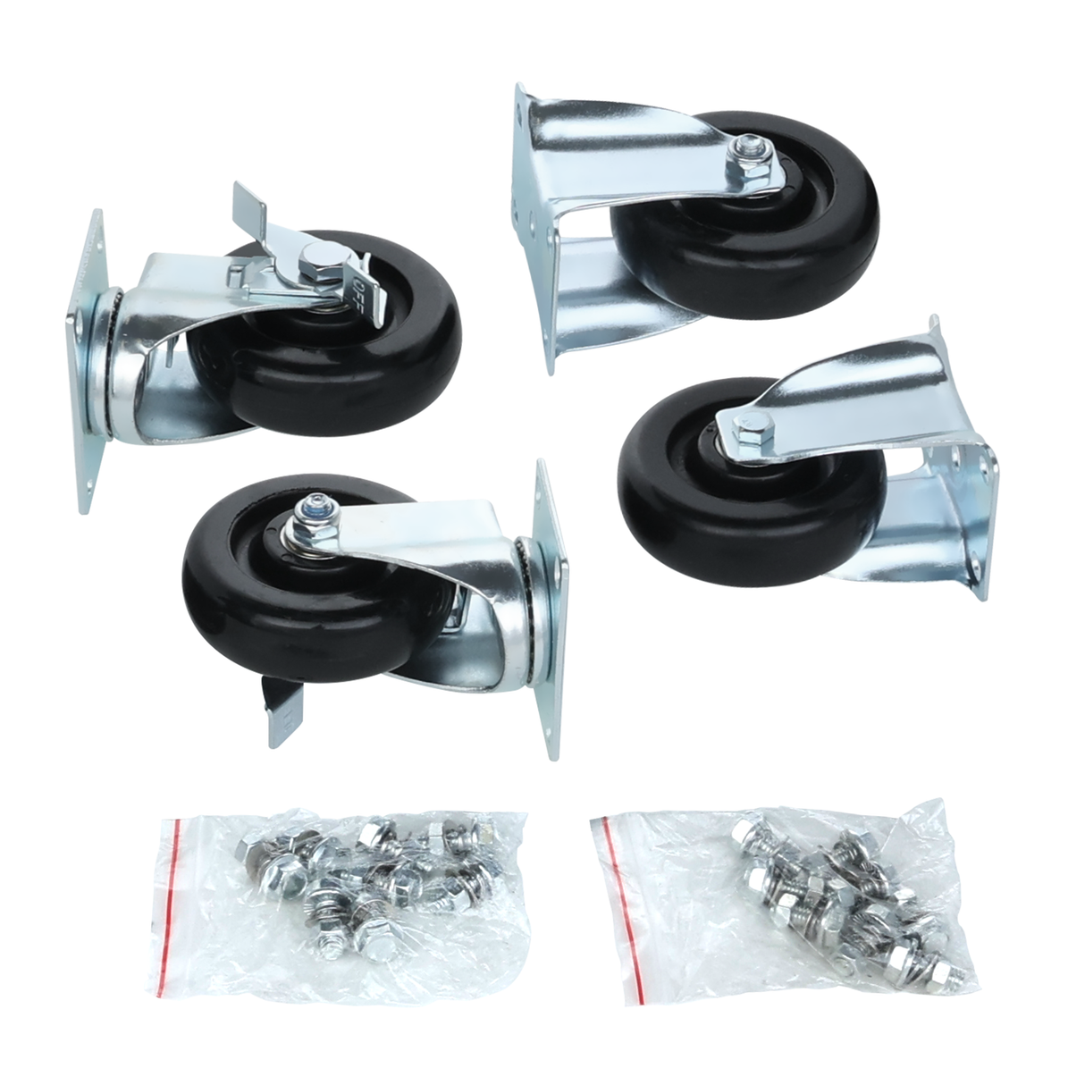 Four black 5" caster set swivel wheels with silver metal mounting plates are arranged on a white background. Below the wheels, two small clear plastic bags contain metal nuts, bolts, and washers for assembly by Empura Parts.