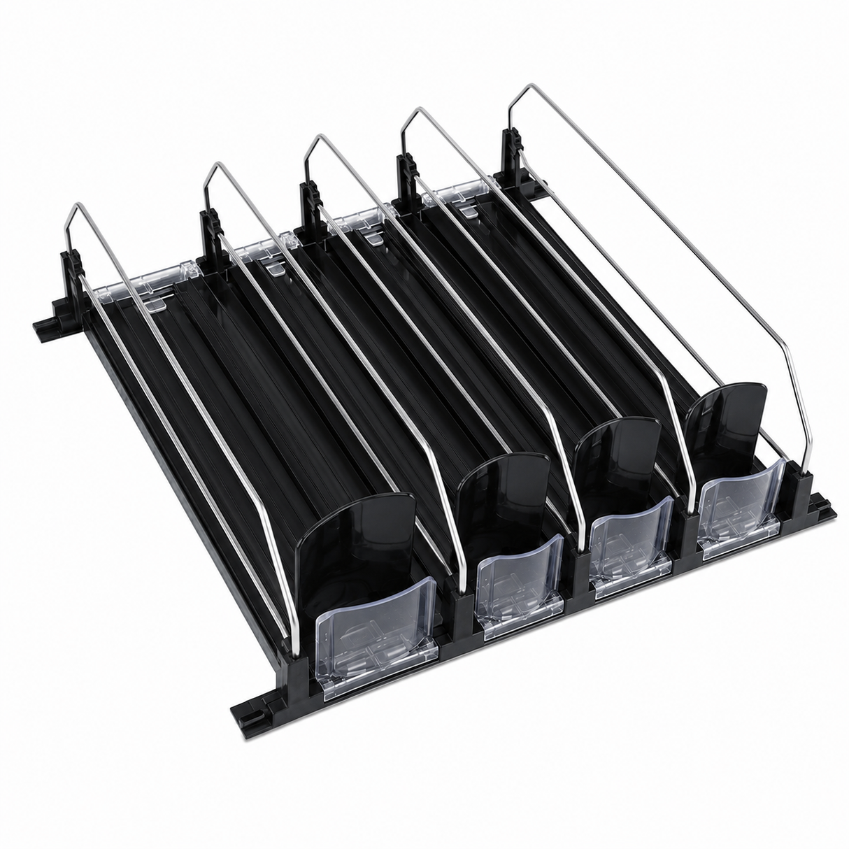A black plastic adjustable shelf organizer with five slots, separated by silver metal dividers and clear plastic label holders at the front, serves as a perfect add-on accessory for Empura Refrigeration or as a product pusher. Background is white.