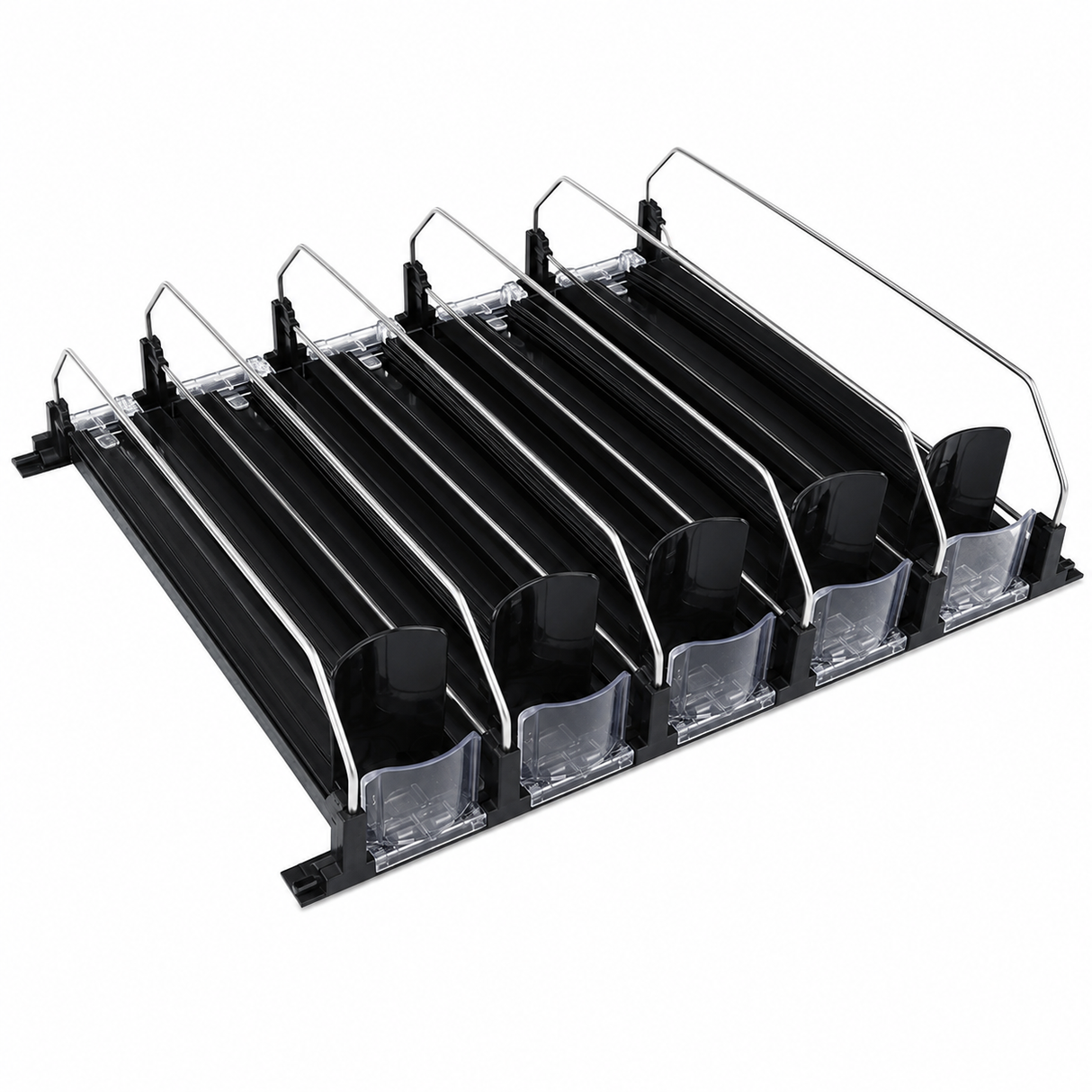 A black and transparent plastic and metal organizer rack with five angled slots, each separated by a divider. Featuring clear front stoppers and metal arms, this versatile add-on accessory is designed to hold and display items such as trays or plates.
